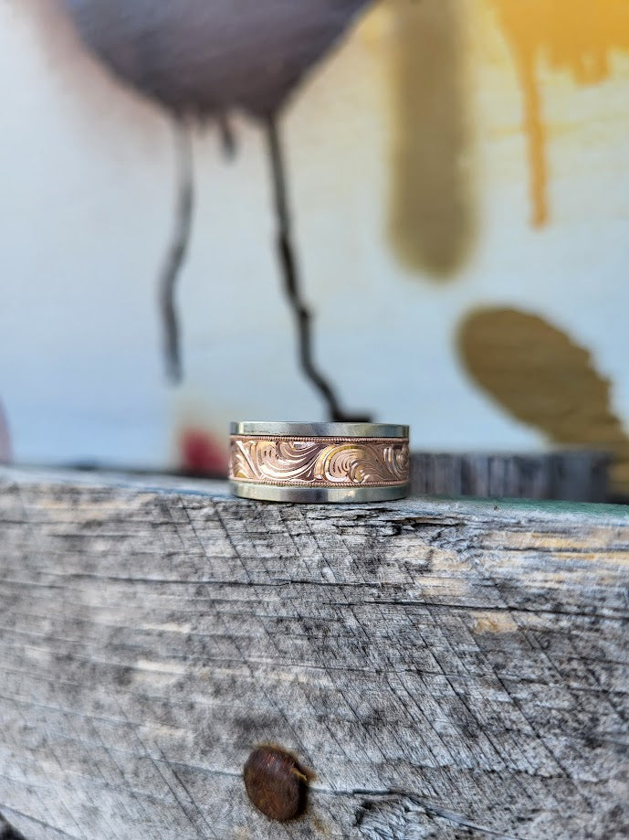 The Matthew: 10mm Wide Men's Wedding Band, Rose Gold and White Gold Ring, Hand Engraved, Western Gift for him