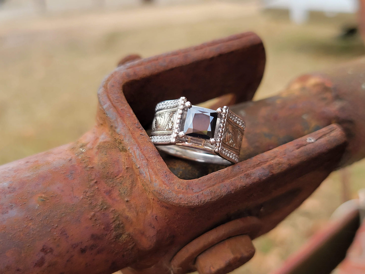 IMMEDIATE SHIP Tangie, Sz 7 in Sterling Silver! Black Moissanite Cathedral Style Ring, Unique Cowgirl Ring, Western Engagement Ring, Western Anniversary Ring