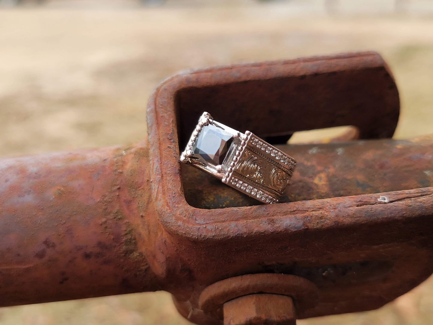 IMMEDIATE SHIP Tangie, Sz 7 in Sterling Silver! Black Moissanite Cathedral Style Ring, Unique Cowgirl Ring, Western Engagement Ring, Western Anniversary Ring