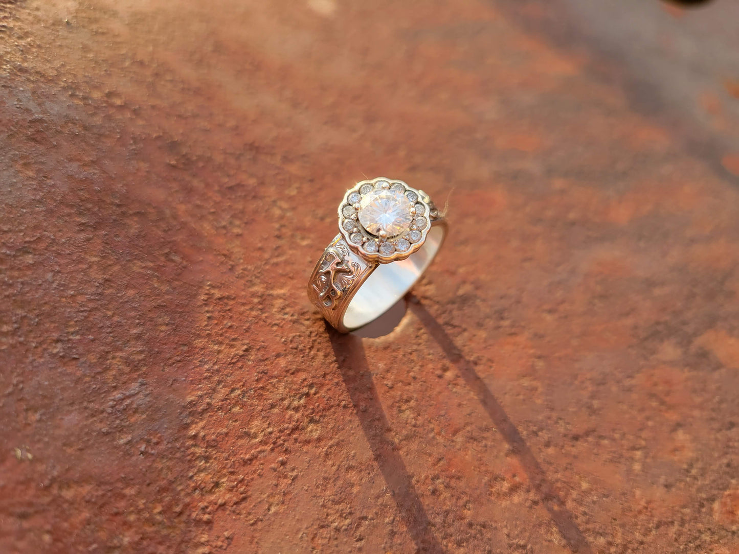 The Brittany: Sterling silver or white gold engagement ring with round halo, Beautiful Western Engagement Ring, Unique Cowgirl Engagement Ring