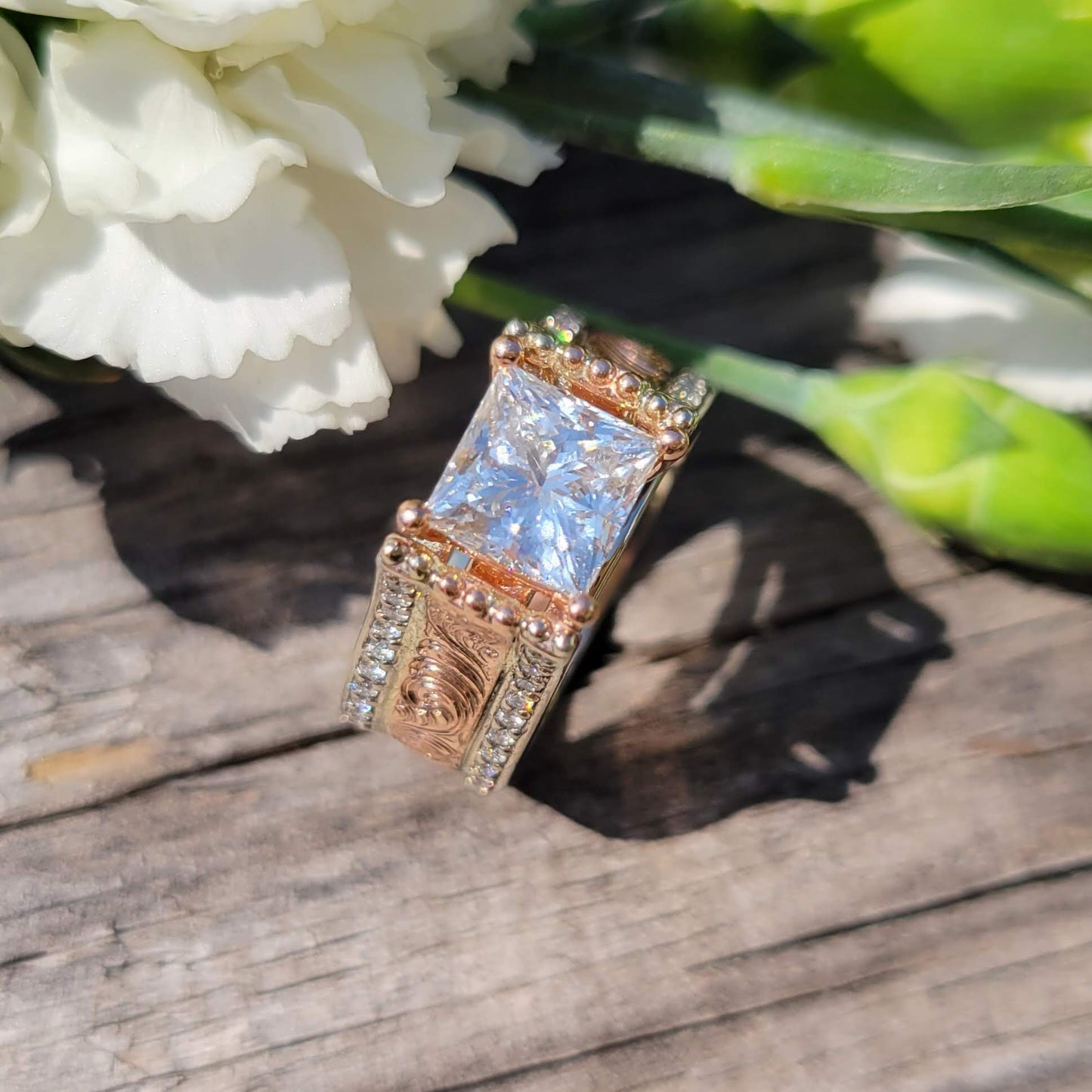 The Mia: 10K Rose Gold, Moissanite Center Cathedral Western Engagement Ring, Cowgirl Engagement Ring, Western Wedding Ring, Unique handmade ring