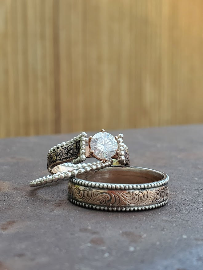 The Lorna Set: Rose Gold & Sterling Silver set, Western Wedding Ring Set, Stackable Engagement Ring Set