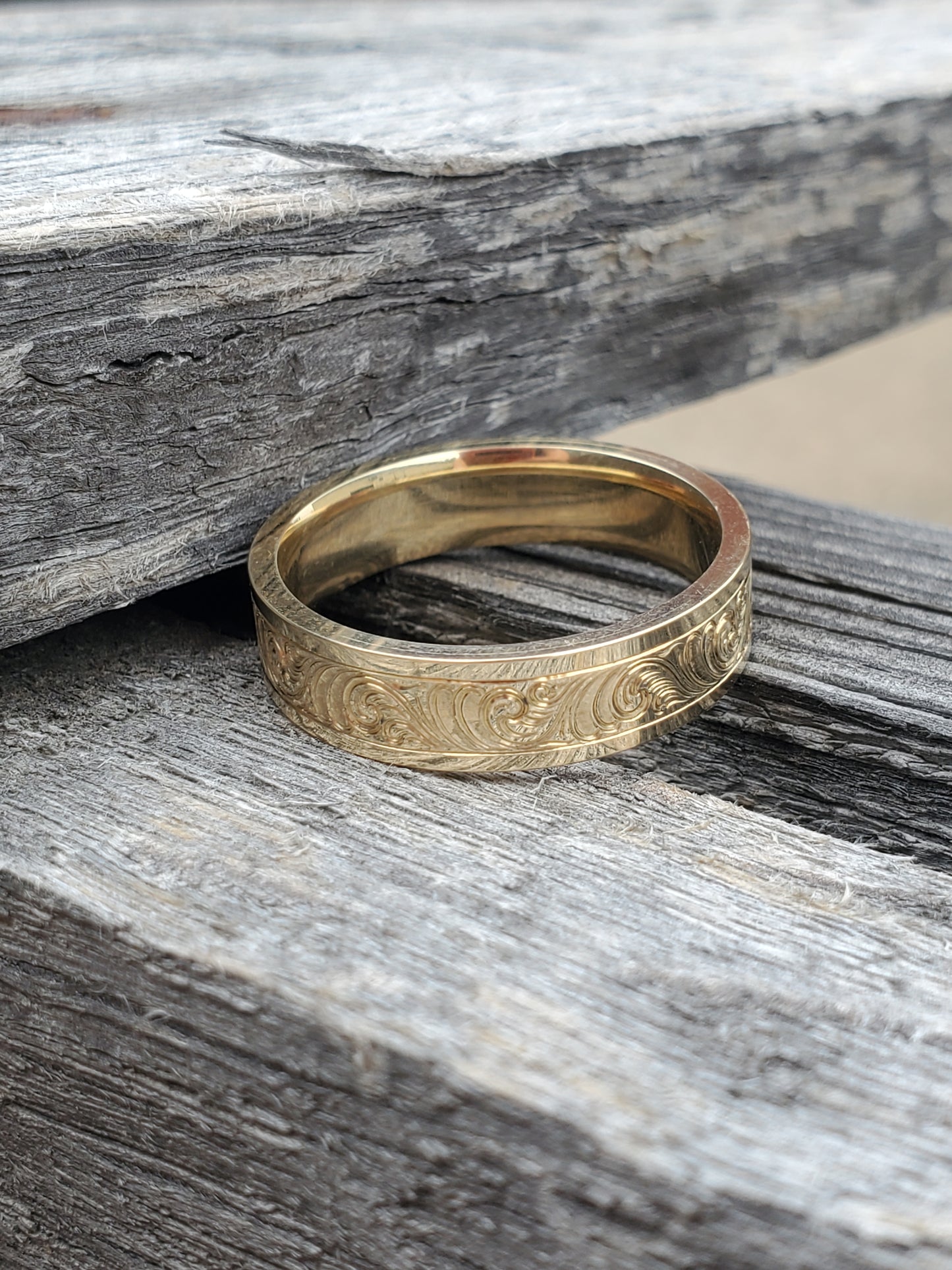 The Henry: 10K-18K Yellow Gold Band, Men's Western Wedding Band, Yellow Gold Wedding Ring, Hand-engraved Ring, Cowboy Wedding Ring