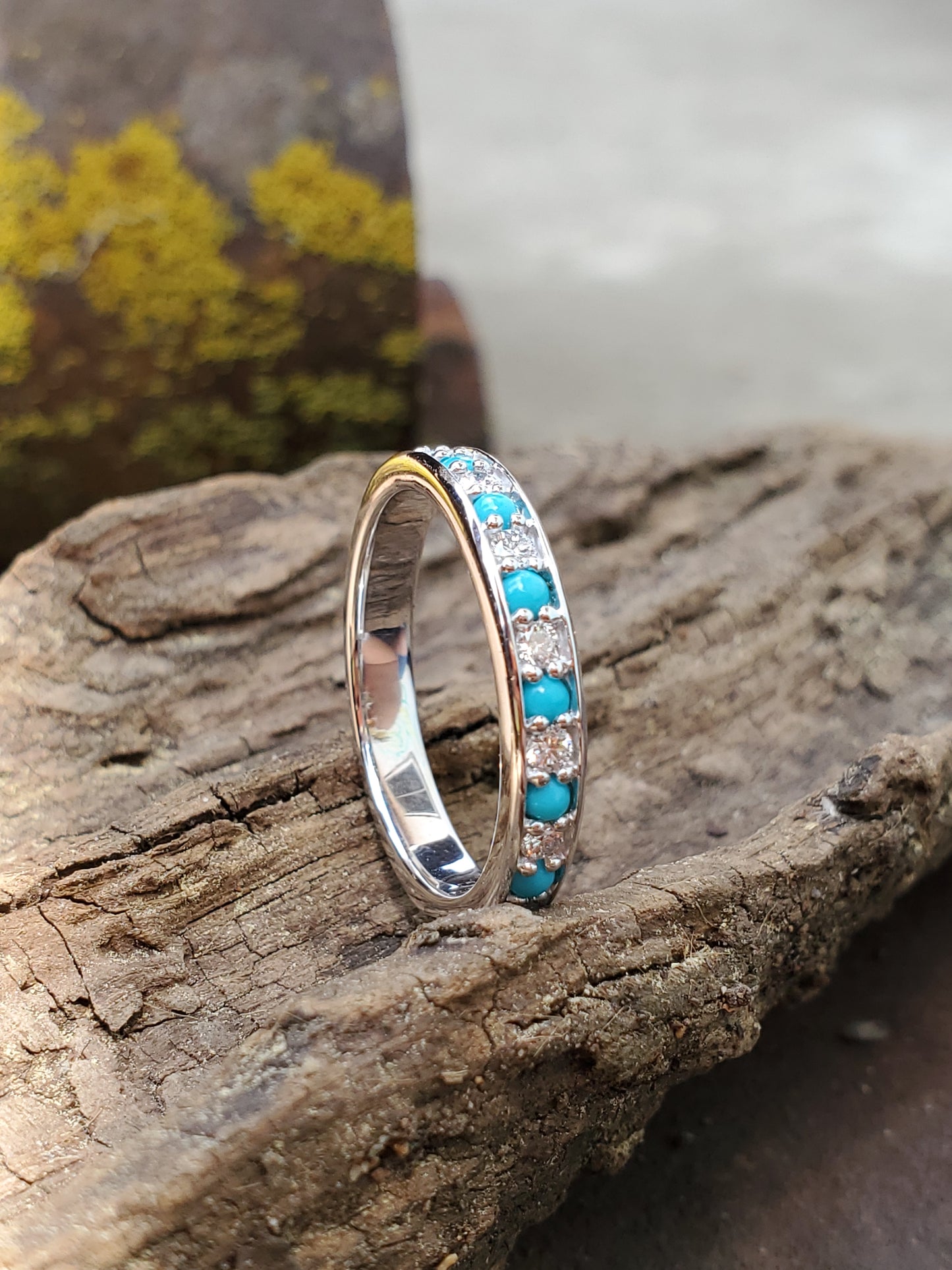 The Callie: 10K White Gold or Platinum Band with Alternating Diamonds and Turquoise, Western Wedding bands, white gold and diamond wedding band, Western anniversary ring