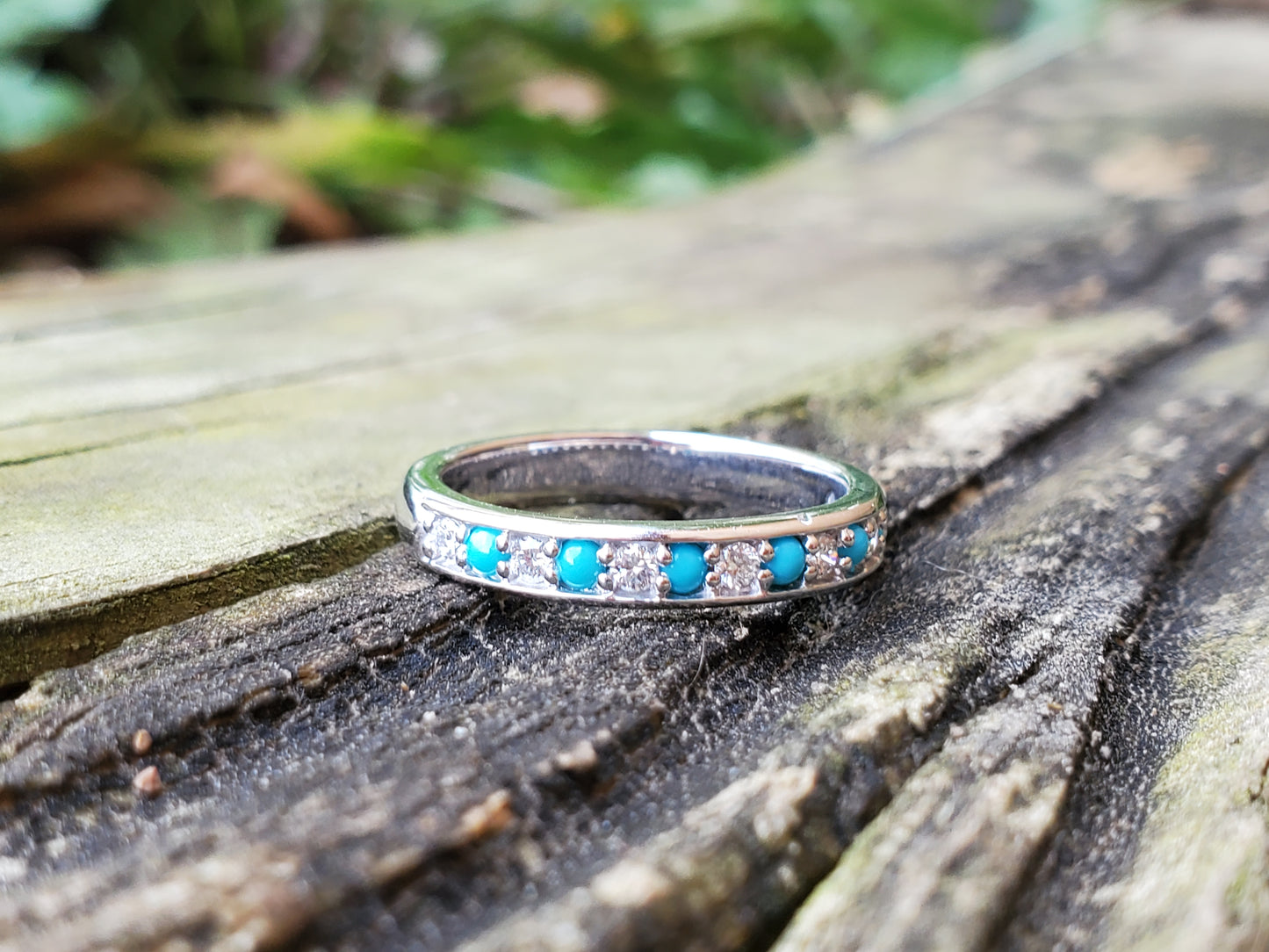 The Callie: 10K White Gold or Platinum Band with Alternating Diamonds and Turquoise, Western Wedding bands, white gold and diamond wedding band, Western anniversary ring
