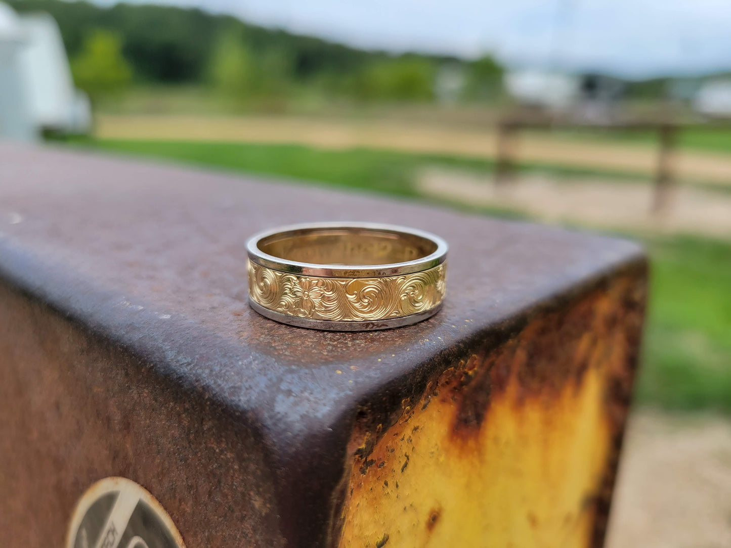 The Florian: Men's Western Wedding Ring, Two-tone 10K White and Yellow Gold Band with Hand-Engraved Swirls and Flowers, Women's Western Wedding Band