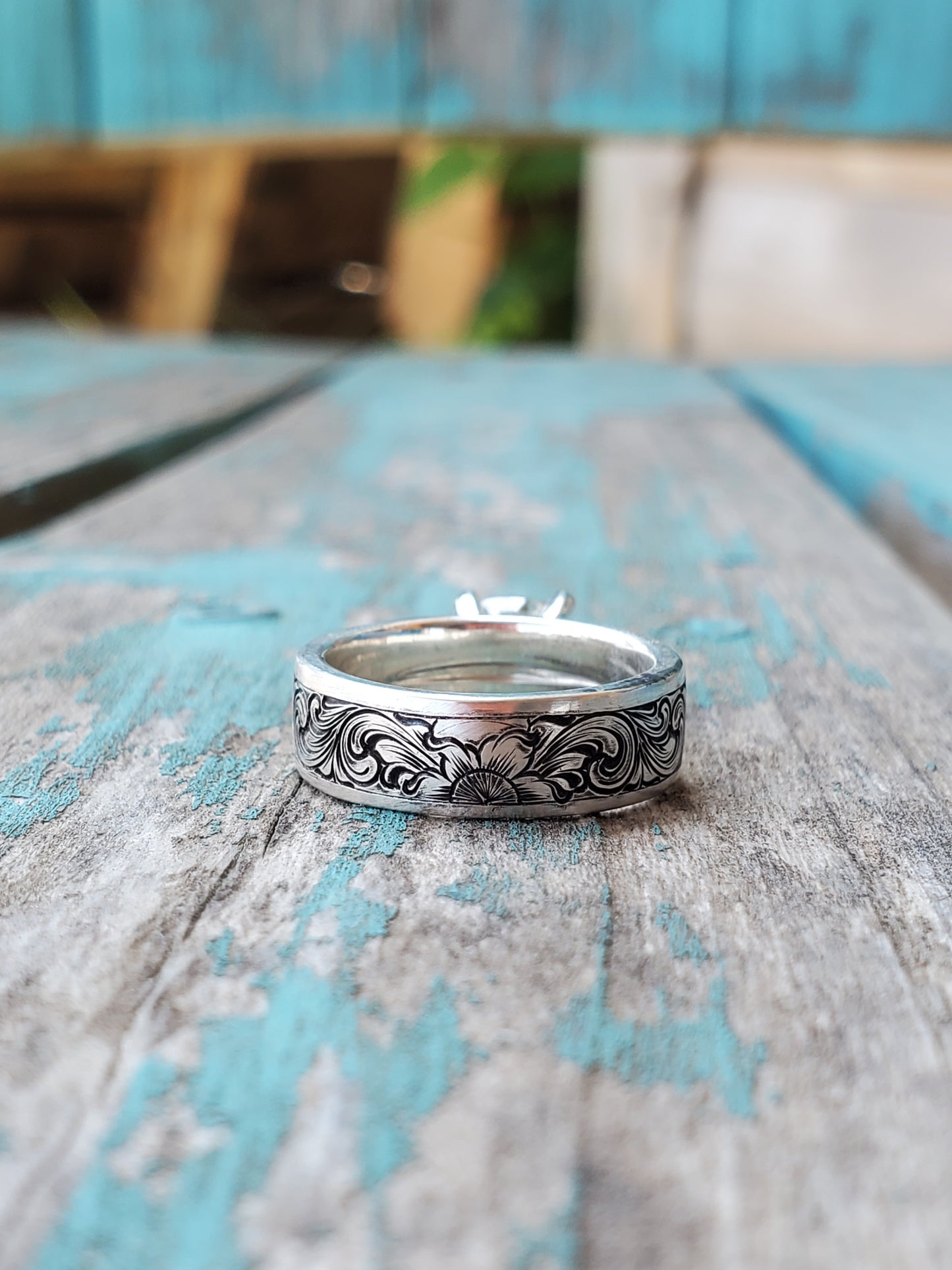 The Mabel: Antiqued Hand-Engraved Sterling Silver Western Engagement Ring, Cowgirl Engagement Ring