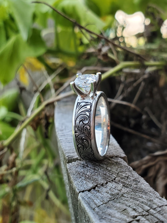 The Mabel: Antiqued Hand-Engraved Sterling Silver Western Engagement Ring, Cowgirl Engagement Ring