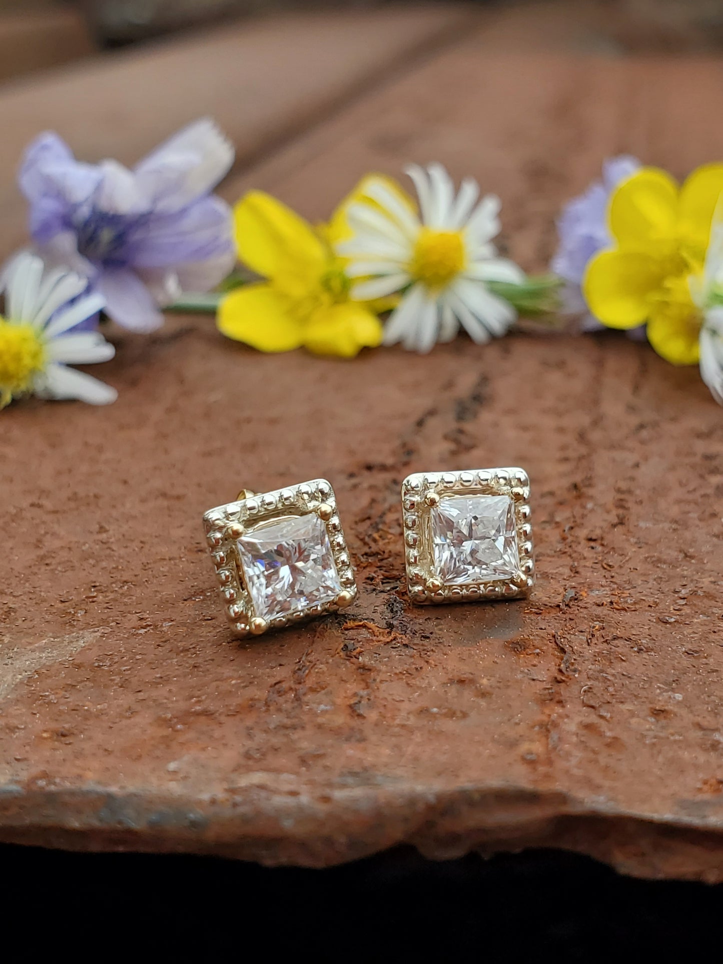 Camellia: 10K Yellow Gold and Sterling Silver Stud Earrings, Square Moissanite Stud Earrings, Western Earrings, Cowgirl Jewelry, Bridal Jewelry