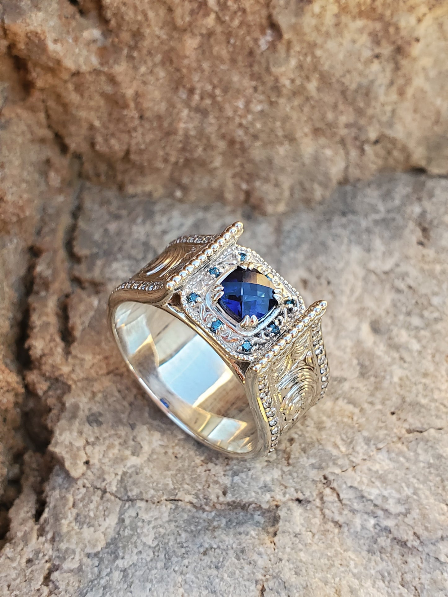 The Rachel: Sapphire and Blue Diamond Cathedral Style Sterling Silver Engagement Ring, alternative stone engagement ring, cowgirl engagement ring, western ring
