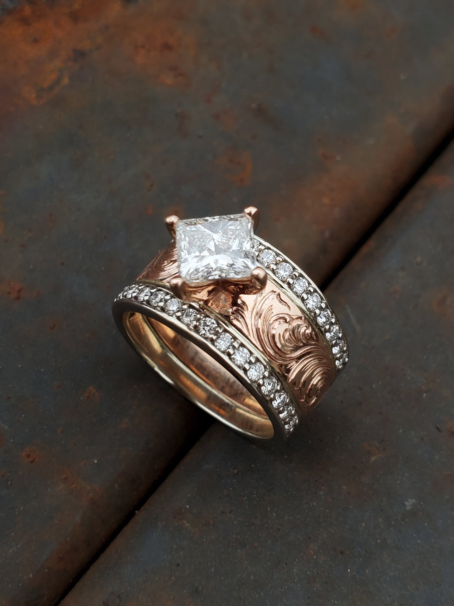 The Naomi: Rose Gold Channel Set Diamond Engagement Ring, Diagonal Setting with Diamond or Moissanite, Cowgirl Engagement Ring, Hand-Engraved Engagement Ring