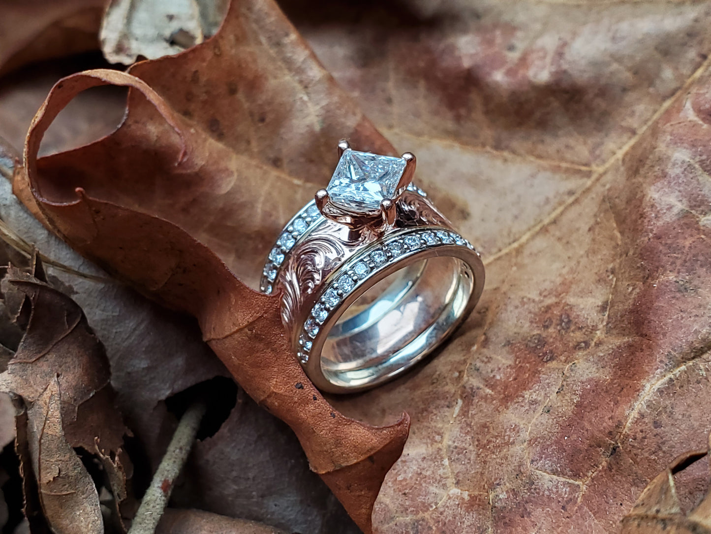 The Naomi: Rose Gold Channel Set Diamond Engagement Ring, Diagonal Setting with Diamond or Moissanite, Cowgirl Engagement Ring, Hand-Engraved Engagement Ring