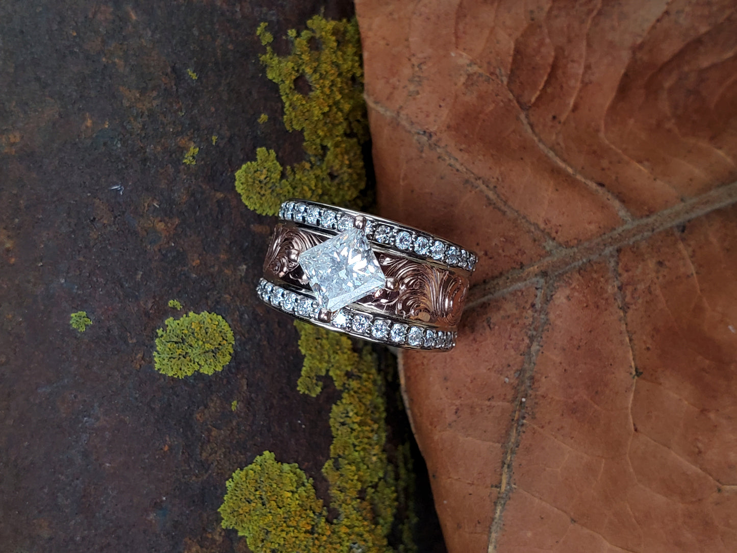The Naomi: Rose Gold Channel Set Diamond Engagement Ring, Diagonal Setting with Diamond or Moissanite, Cowgirl Engagement Ring, Hand-Engraved Engagement Ring