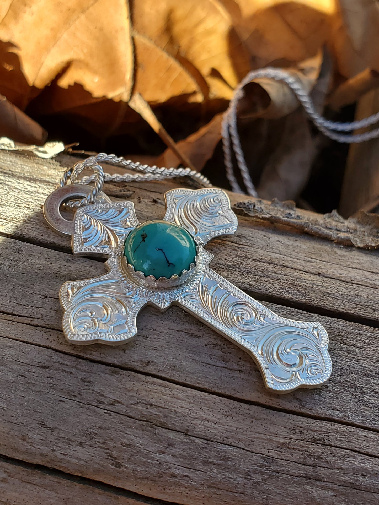 Sterling Silver Cross, Turquoise Engraved Western Pendant Design PND00001 by Loreena Rose