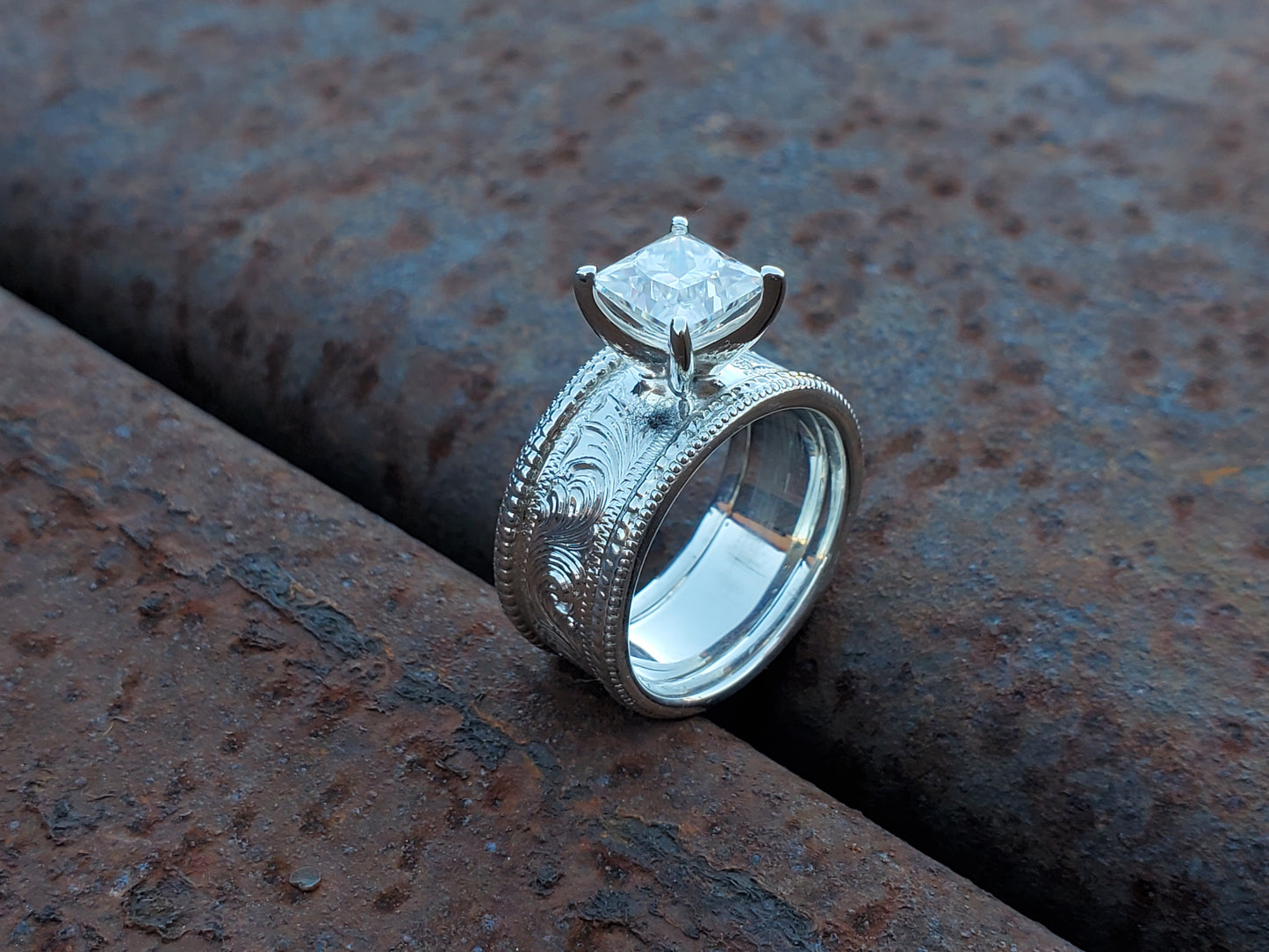 The Cynthia: White Gold or Sterling Silver Ring, Square moissanite ring, western engagement ring, cowgirl ring, silver engagement ring, hand-engraved ring