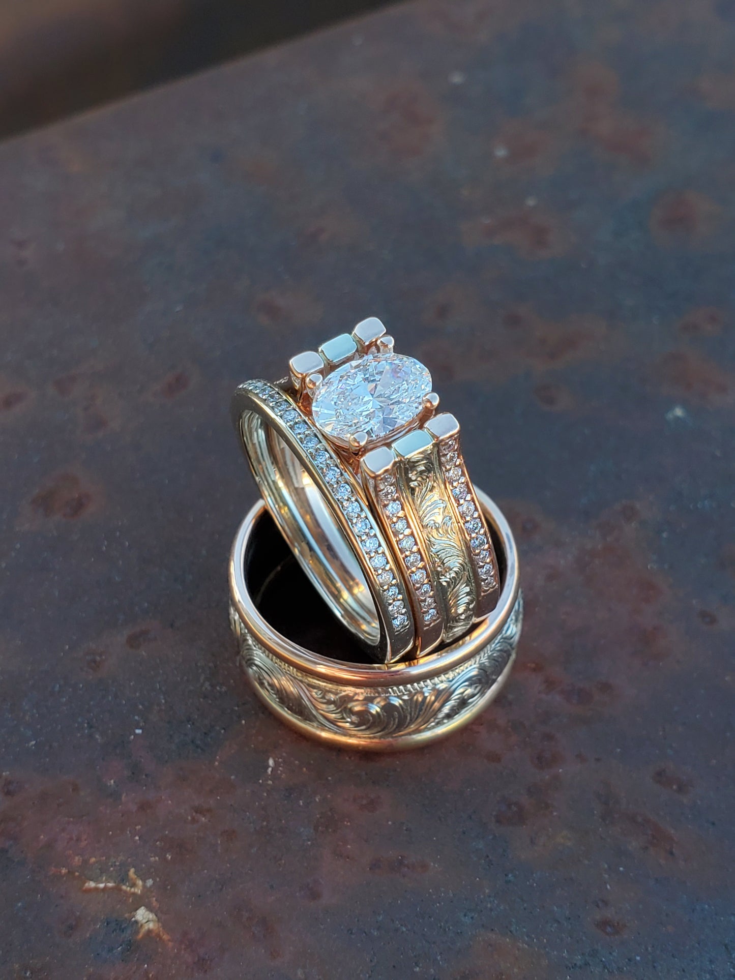 The Graciela Set, Wedding Ring Trio: Rose Gold & White gold ring set, Western Wedding Ring Set, Stackable Engagement Ring Set, Western Engagement Ring, Cathedral Style Ring and Matching Wedding Bands