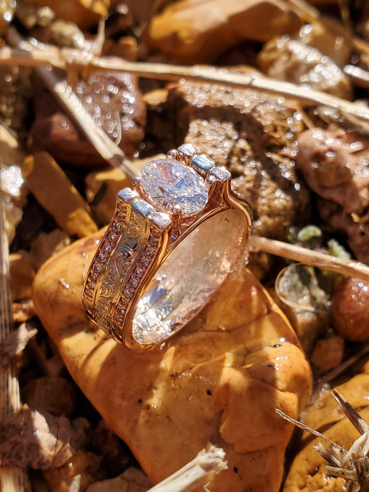 The Graciela Set, Wedding Ring Trio: Rose Gold & White gold ring set, Western Wedding Ring Set, Stackable Engagement Ring Set, Western Engagement Ring, Cathedral Style Ring and Matching Wedding Bands