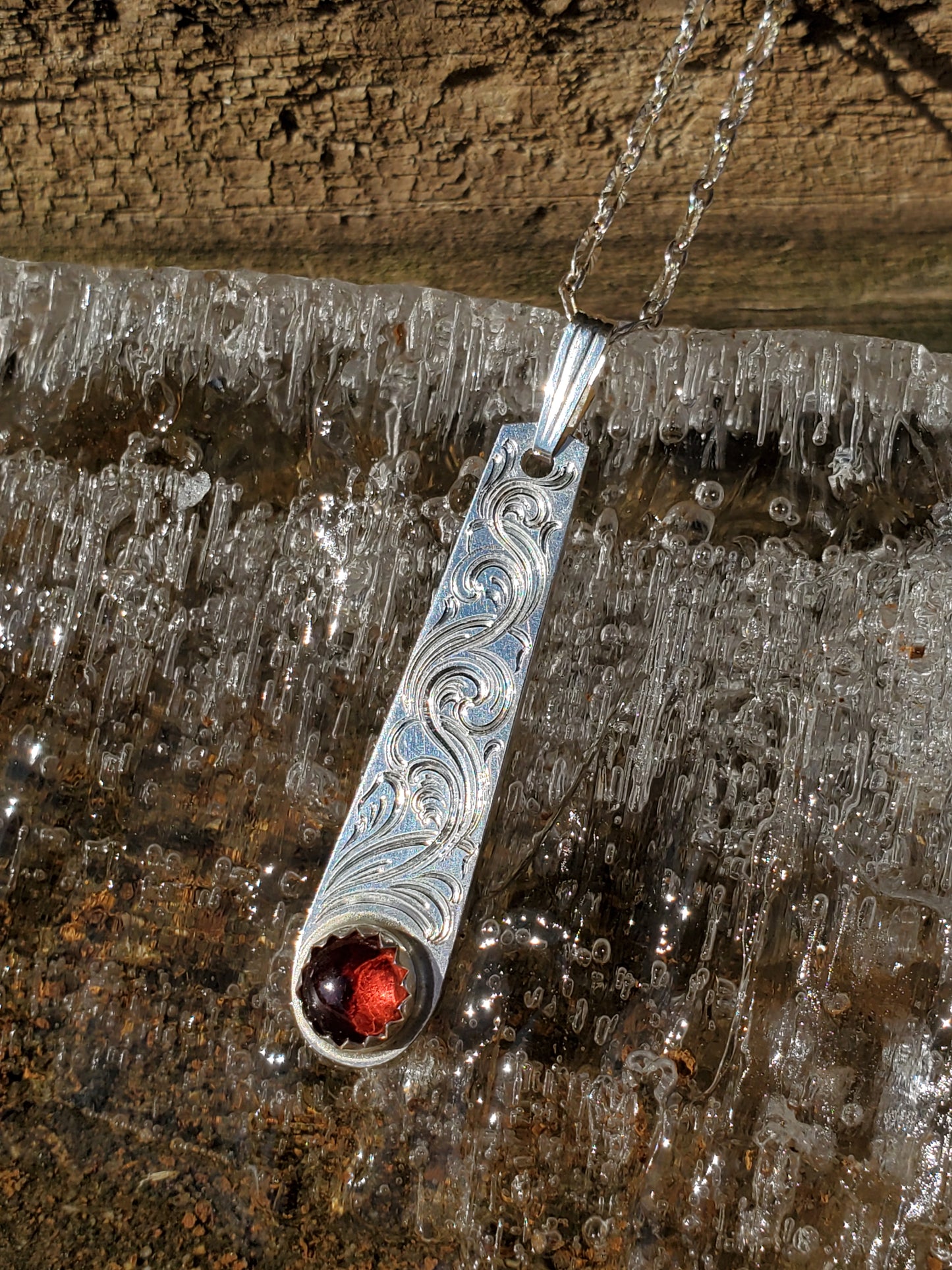 Garnet Drop Necklace: Western Garnet Necklace, Hand-Engraved Sterling Silver, Cowgirl Necklace