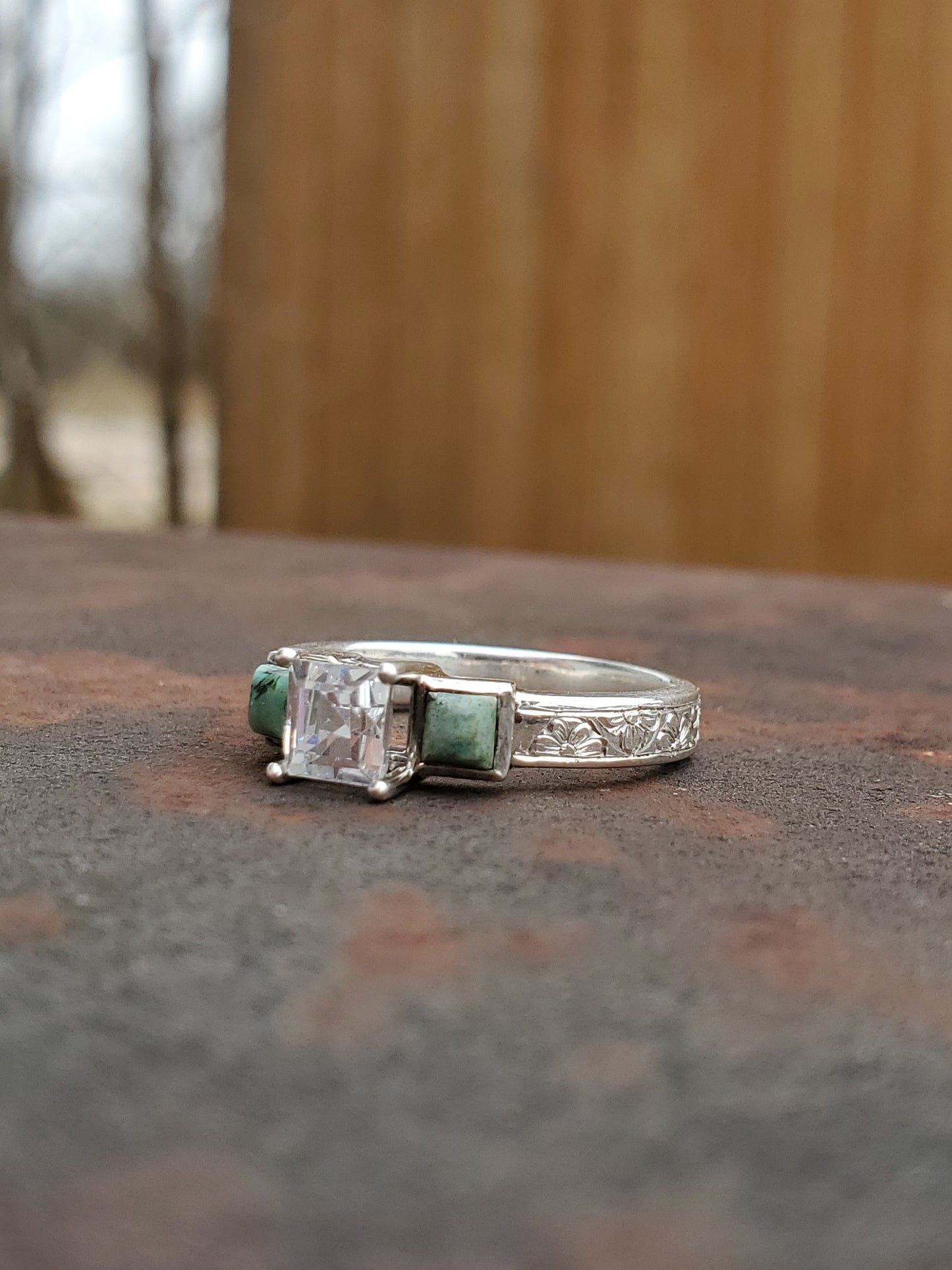 The Amy: Square Turquoise and Moissanite Ring, Sterling Silver Cowgirl Ring, Western Engagement ring, turquoise engagement ring, Floral engraved ring