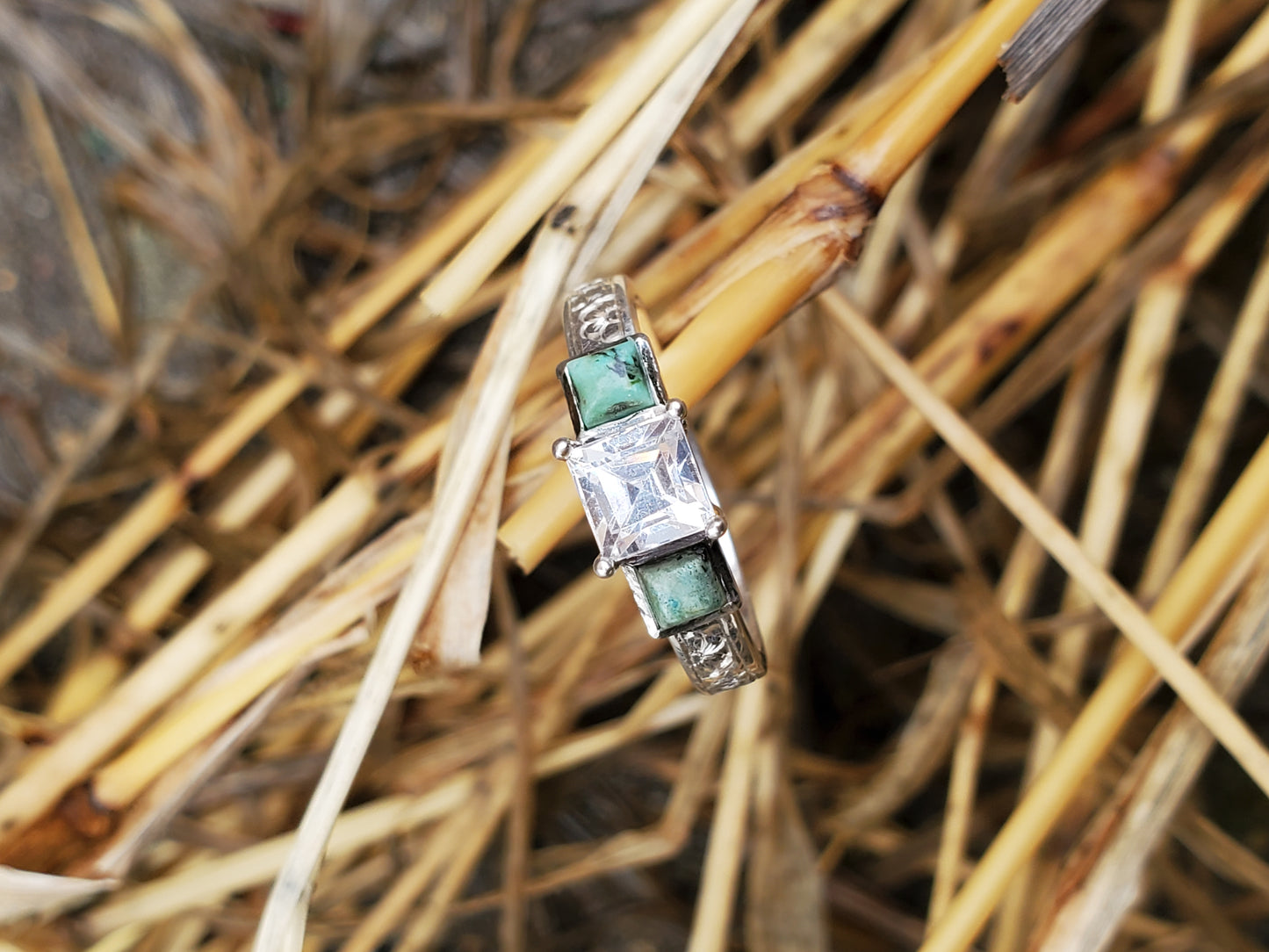 The Amy: Square Turquoise and Moissanite Ring, Sterling Silver Cowgirl Ring, Western Engagement ring, turquoise engagement ring, Floral engraved ring