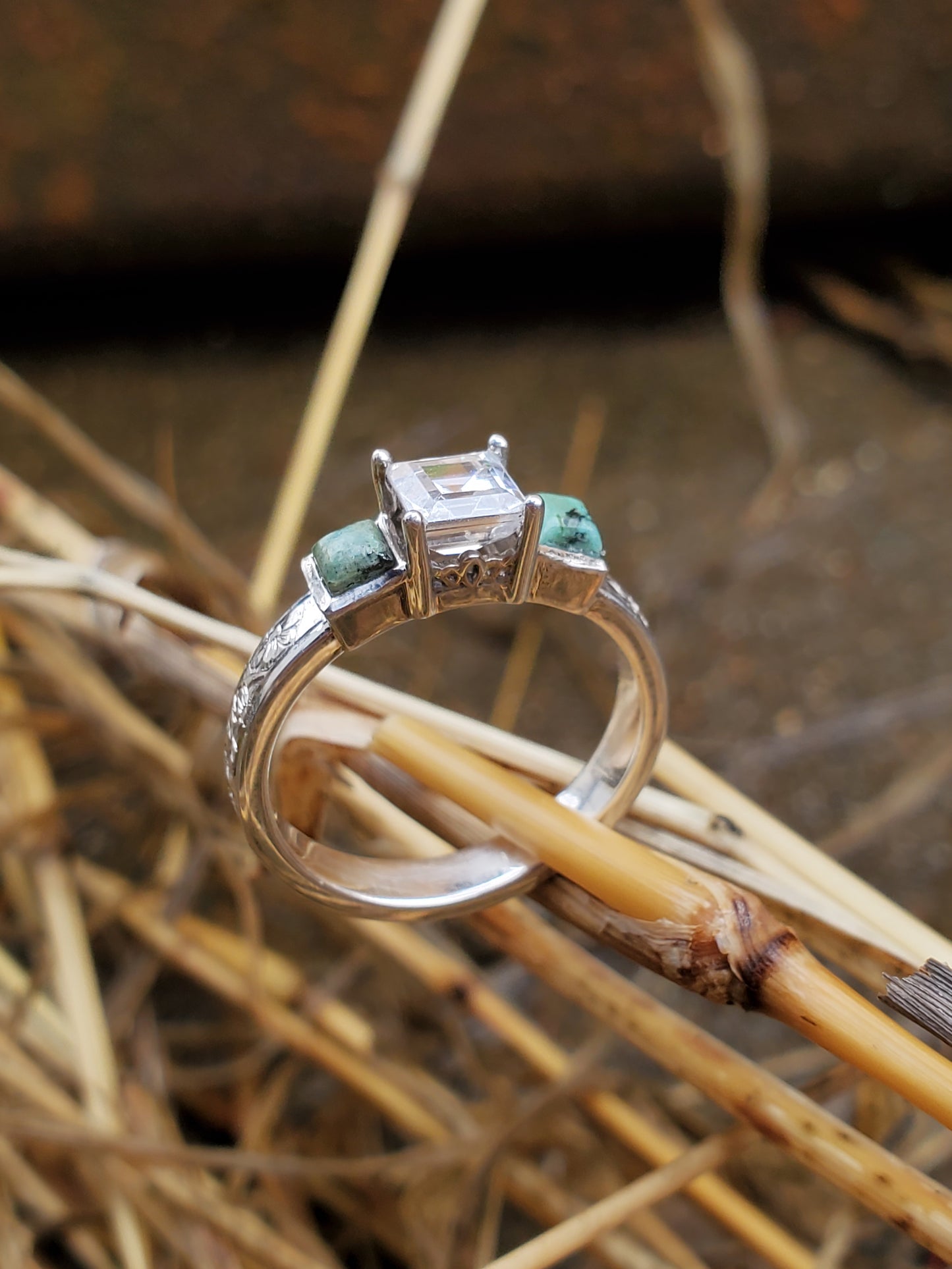 The Amy: Square Turquoise and Moissanite Ring, Sterling Silver Cowgirl Ring, Western Engagement ring, turquoise engagement ring, Floral engraved ring
