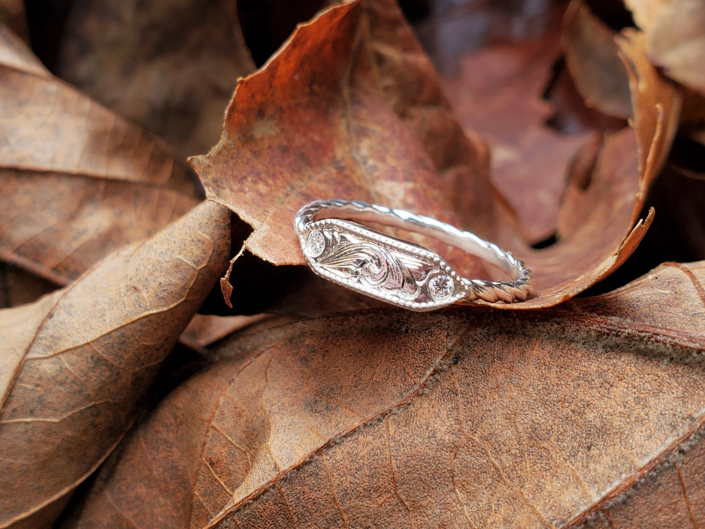 The Kaya: Dainty Engraved 10K Rose or White Gold Rope Ring with Diamonds, Western Signet Ring, Cowgirl Ring, Cowgirl Wedding Band, Western Stacking Band