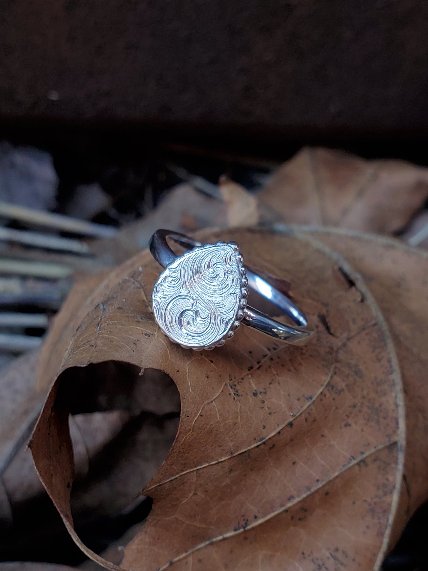 Immediate Ship Sz. 4.75 Kiera: Silver cowgirl ring, Pear shape ring, hand-engraved ring, Western signet ring, unique silver ring, western fashion, bridesmaid gift