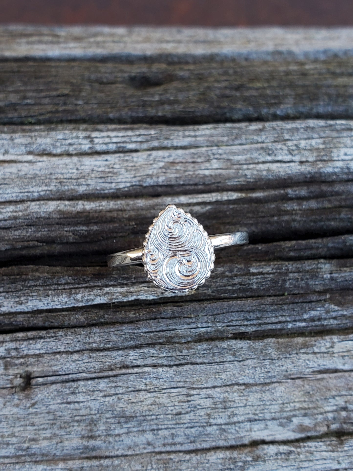 Immediate Ship Sz. 4.75 Kiera: Silver cowgirl ring, Pear shape ring, hand-engraved ring, Western signet ring, unique silver ring, western fashion, bridesmaid gift