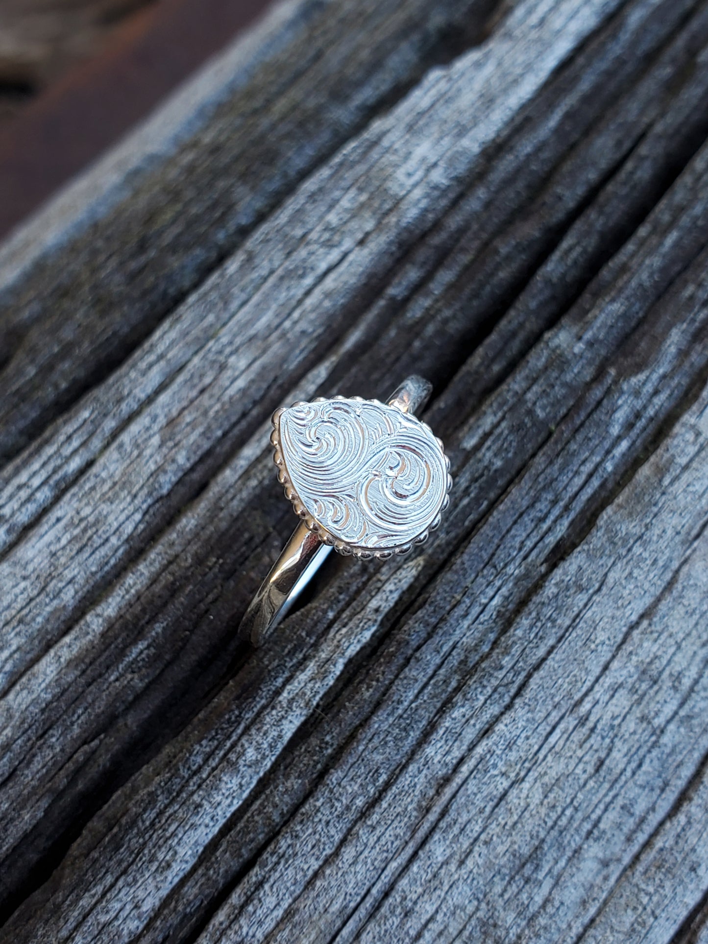 Immediate Ship Sz. 4.75 Kiera: Silver cowgirl ring, Pear shape ring, hand-engraved ring, Western signet ring, unique silver ring, western fashion, bridesmaid gift