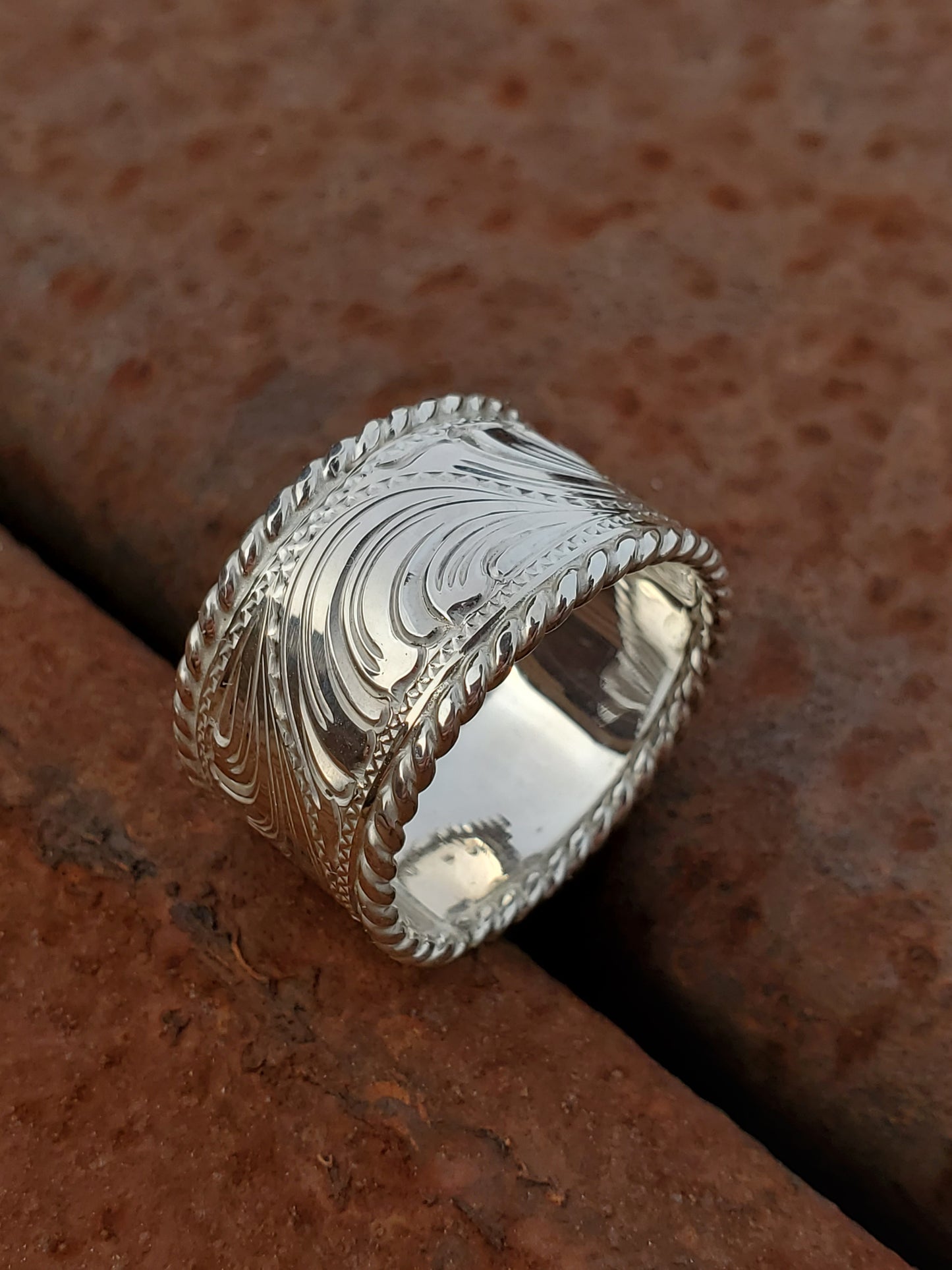 The Lowen: Wide Western Ring with Narrow Rope-Edge, Sterling Silver Western Band, Cowboy Ring, Western Rope Edge Ring