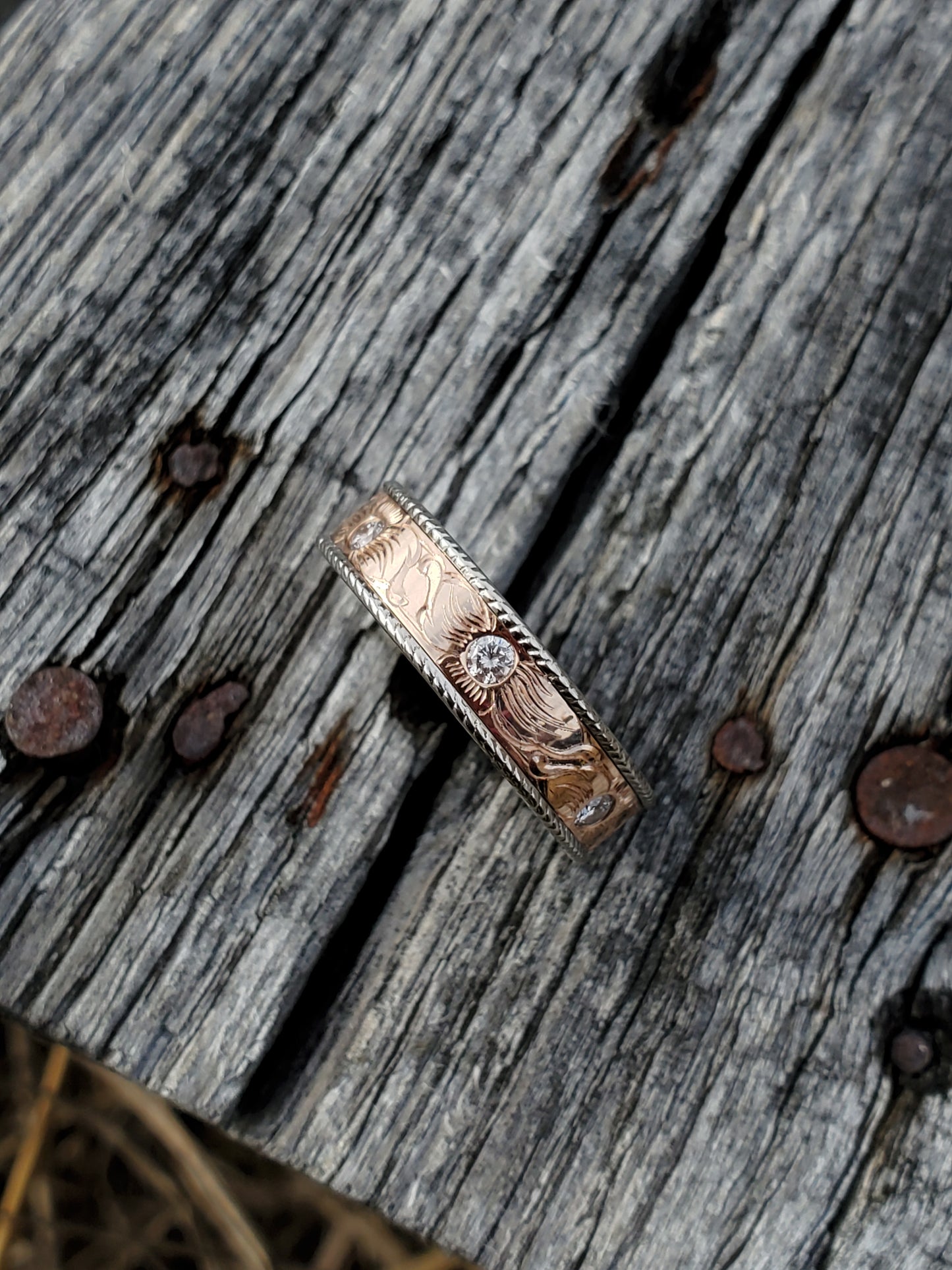 The Magnolia: 10K Rose Gold and Diamond Wedding Ring, Hand-Engraved Floral Ring with Diamond Centers, Flower Wedding Ring, Western Wedding Band, Cowgirl Wedding Ring