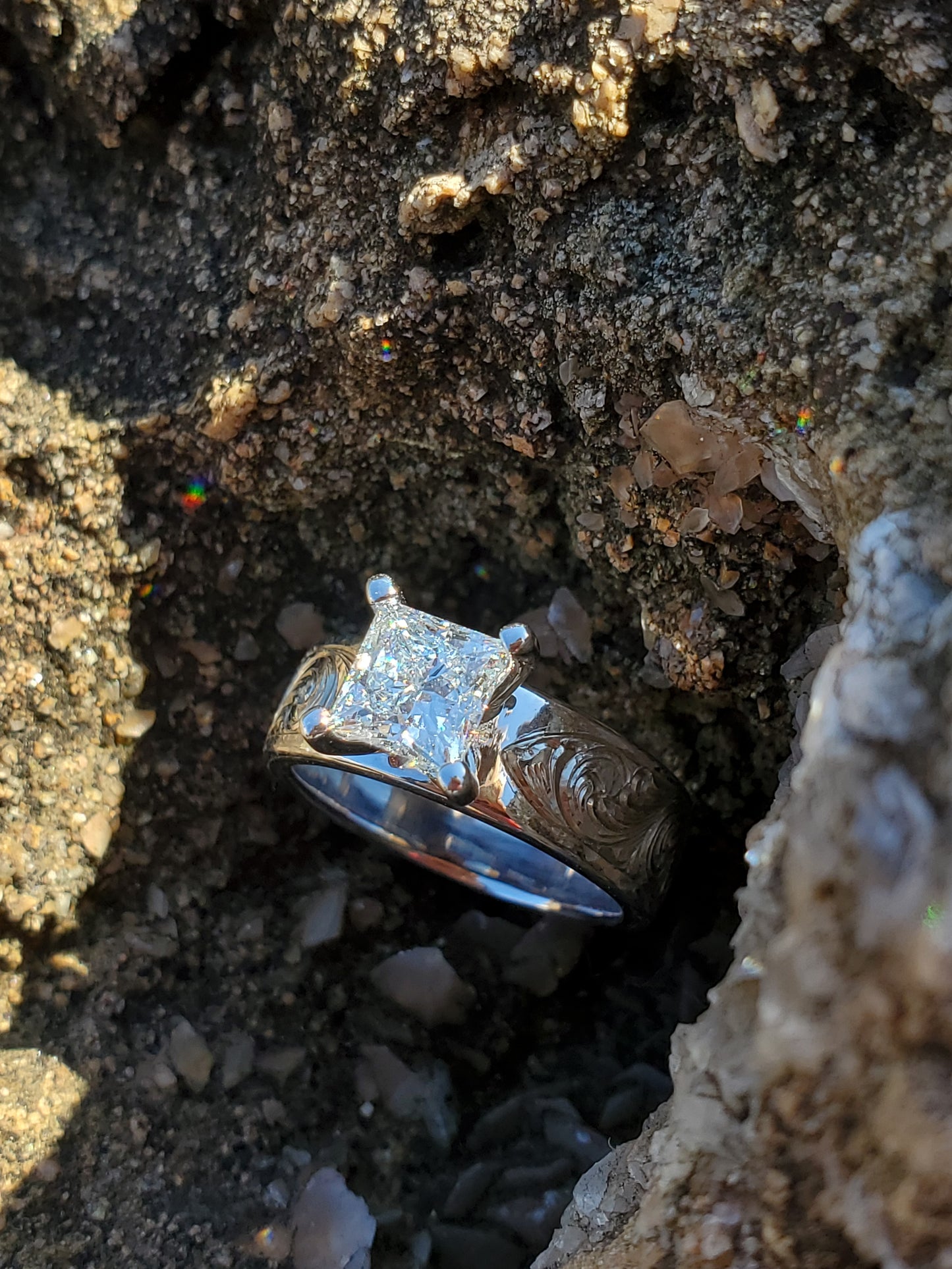The Eloise: 10K White Gold and Diamond or Moissanite Engagement Ring, Western Engagement Ring, Cowgirl Engagement Ring, Cowgirl Ring, Hand-Engraved Ring