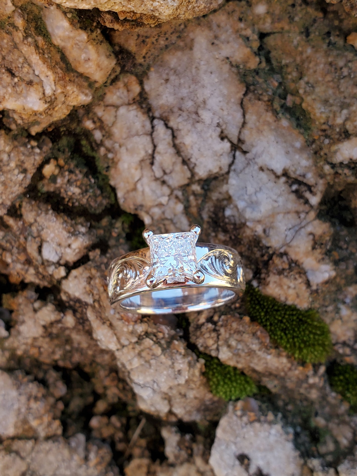 The Eloise: 10K White Gold and Diamond or Moissanite Engagement Ring, Western Engagement Ring, Cowgirl Engagement Ring, Cowgirl Ring, Hand-Engraved Ring