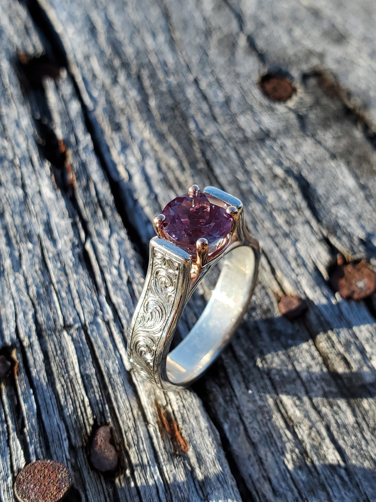 The Naida: 10K or 18K White Gold and 1.5 ct. Alexandrite Engagement Ring, Sterling Silver Hand-Engraved Western Engagement Ring, Cathedral Style Cowgirl Engagement Ring