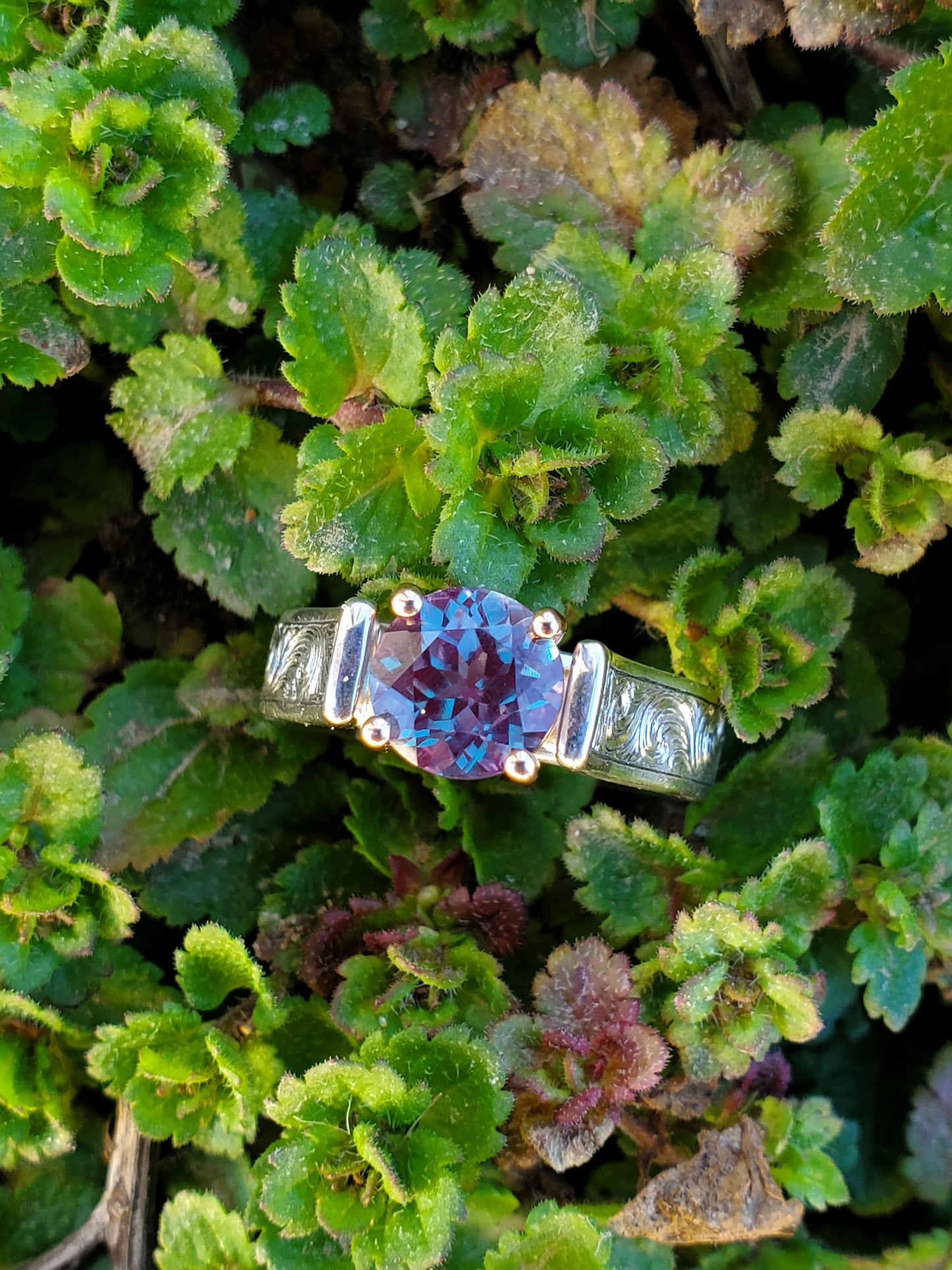 The Naida: 10K or 18K White Gold and 1.5 ct. Alexandrite Engagement Ring, Sterling Silver Hand-Engraved Western Engagement Ring, Cathedral Style Cowgirl Engagement Ring