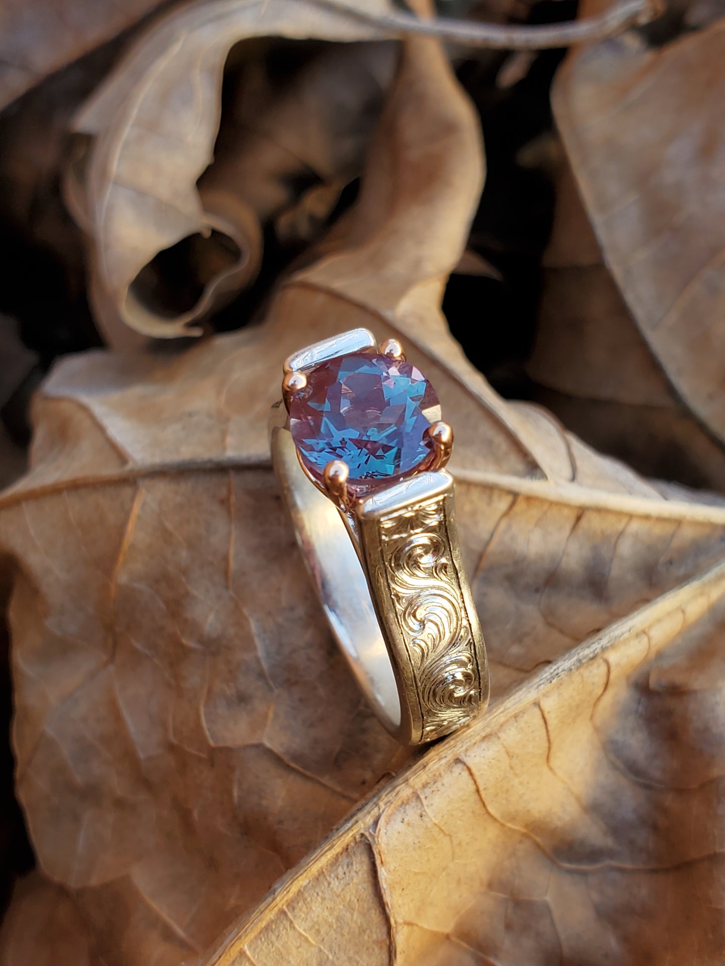 The Naida: 10K or 18K White Gold and 1.5 ct. Alexandrite Engagement Ring, Sterling Silver Hand-Engraved Western Engagement Ring, Cathedral Style Cowgirl Engagement Ring