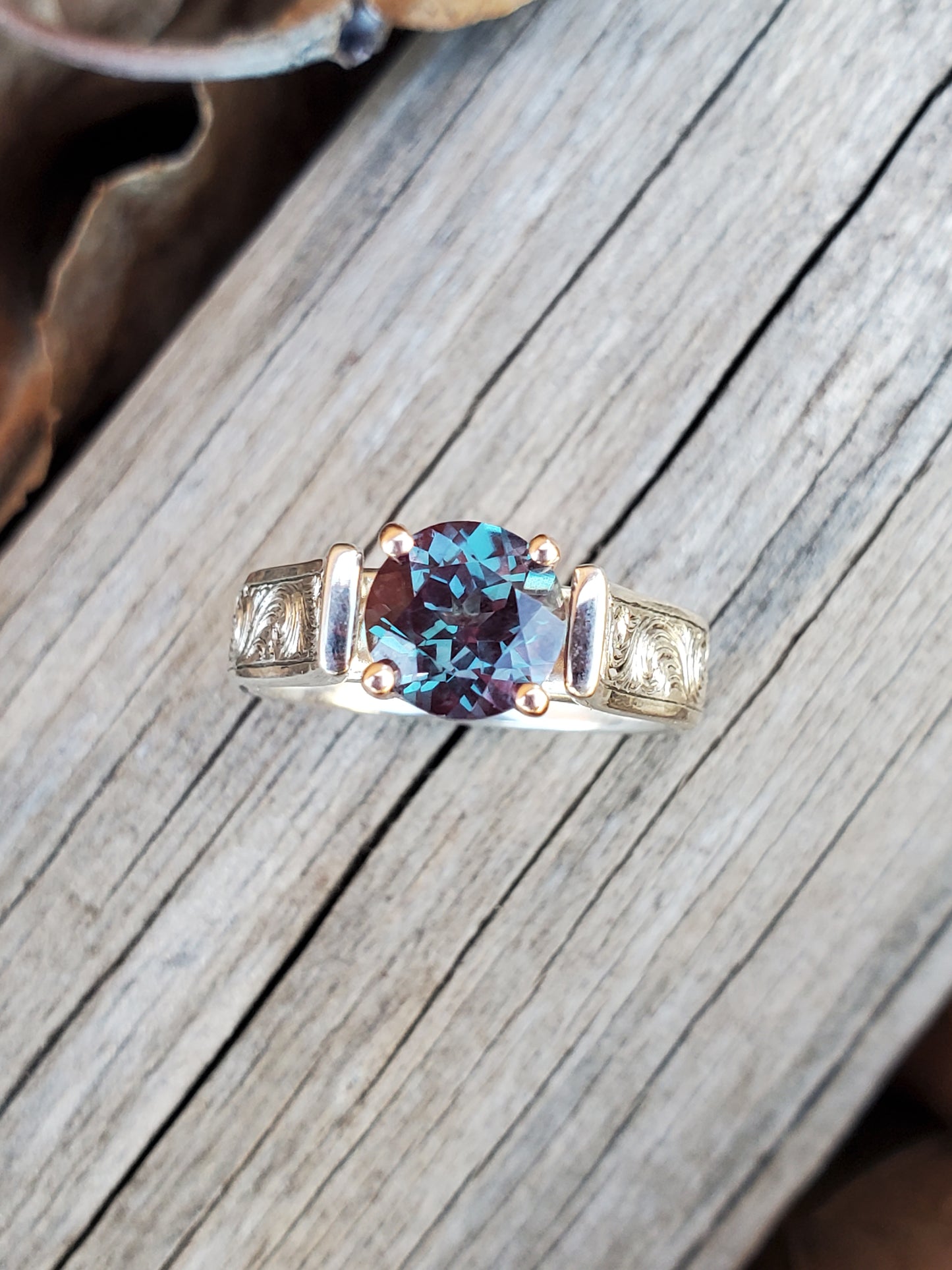 The Naida: 10K or 18K White Gold and 1.5 ct. Alexandrite Engagement Ring, Sterling Silver Hand-Engraved Western Engagement Ring, Cathedral Style Cowgirl Engagement Ring