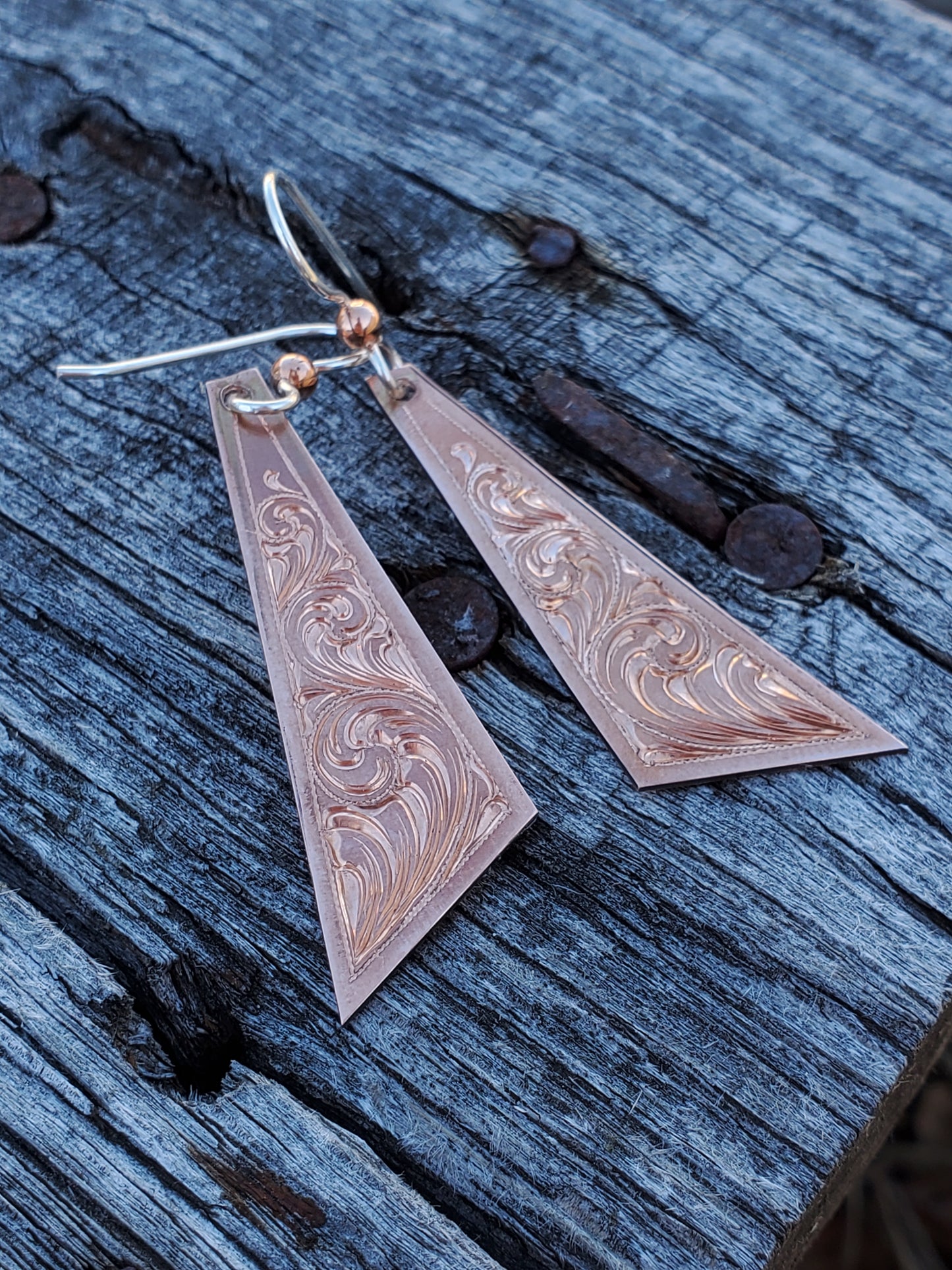 Abstract Dangle Earrings in Copper: Hand Engraved Western Bridal Jewelry, Copper Dangle Earrings, Cowgirl Bridal Gift, Western Copper Earrings, Cowgirl Dangle Earrings