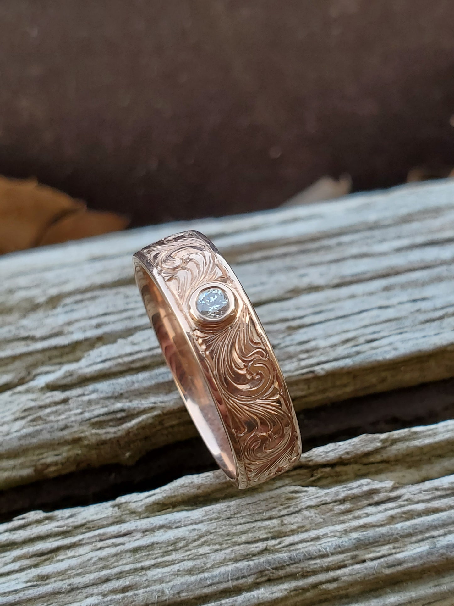 The Marlow: Hand-Engraved Men's Band with .25 ct. Diamond, Low Profile Engagement Ring, Men's Wedding Band with Diamond, 10K Rose Gold Men's Band, Cowboy Wedding Band, Men's Western Wedding Band, Western Wedding Ring