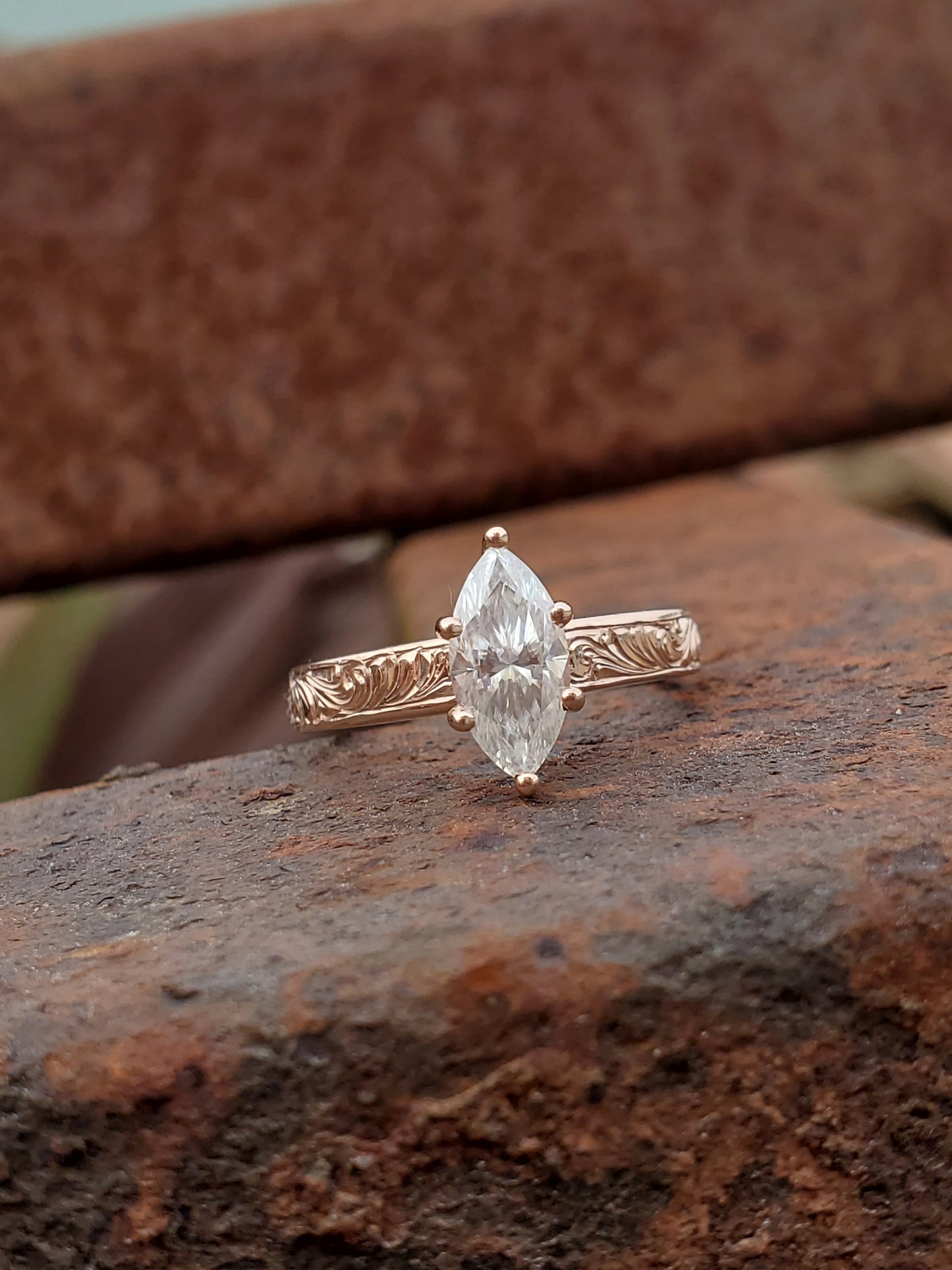 The Cordelia: 10K, 14K or 18K Rose Gold Marquise Engagement Ring, Western Engagement Ring, Cowgirl Ring, Western Wedding Ring, Hand-engraved Engagement Ring
