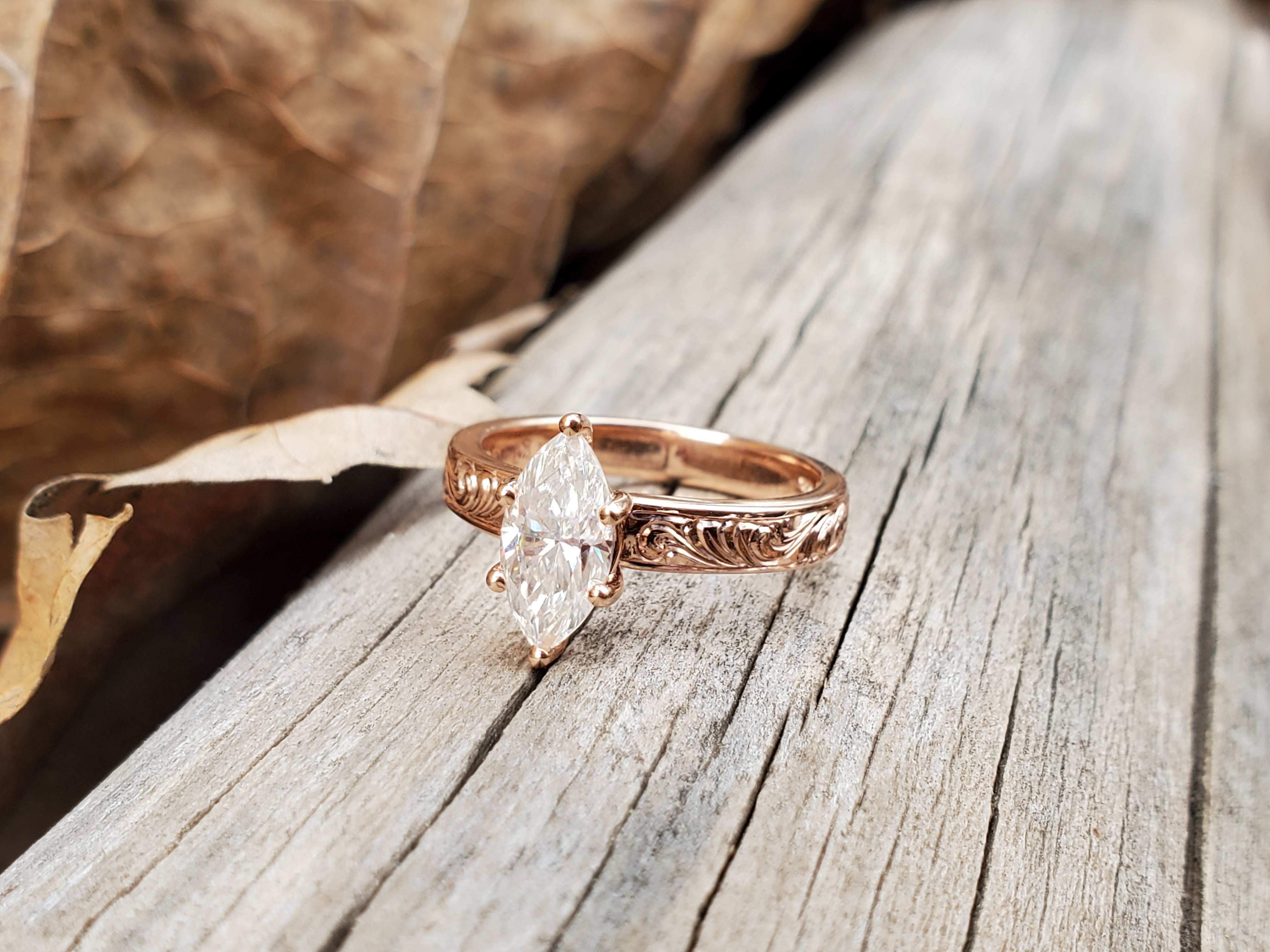 The Cordelia: 3.5mm 10K, 14K or 18K Rose Gold Marquise Engagement