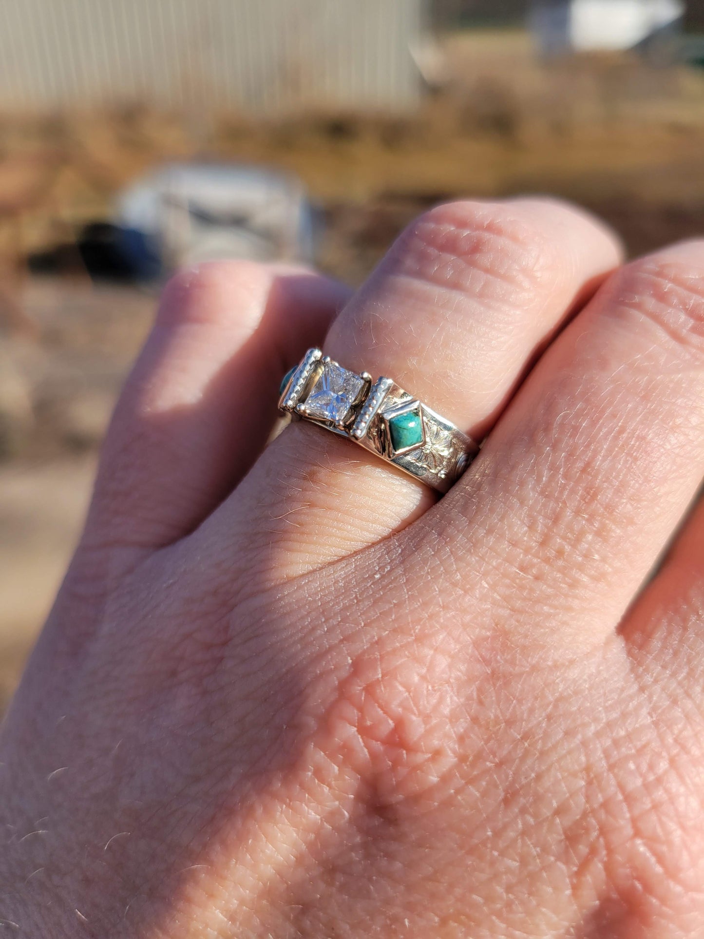 The Arizona: 10K White Gold Cathedral Style Ring, Western Engagement Ring with Hand-Engraving, Square Center Diamond or Moissanite with Side Set Turquoise, Cowgirl Engagement Ring