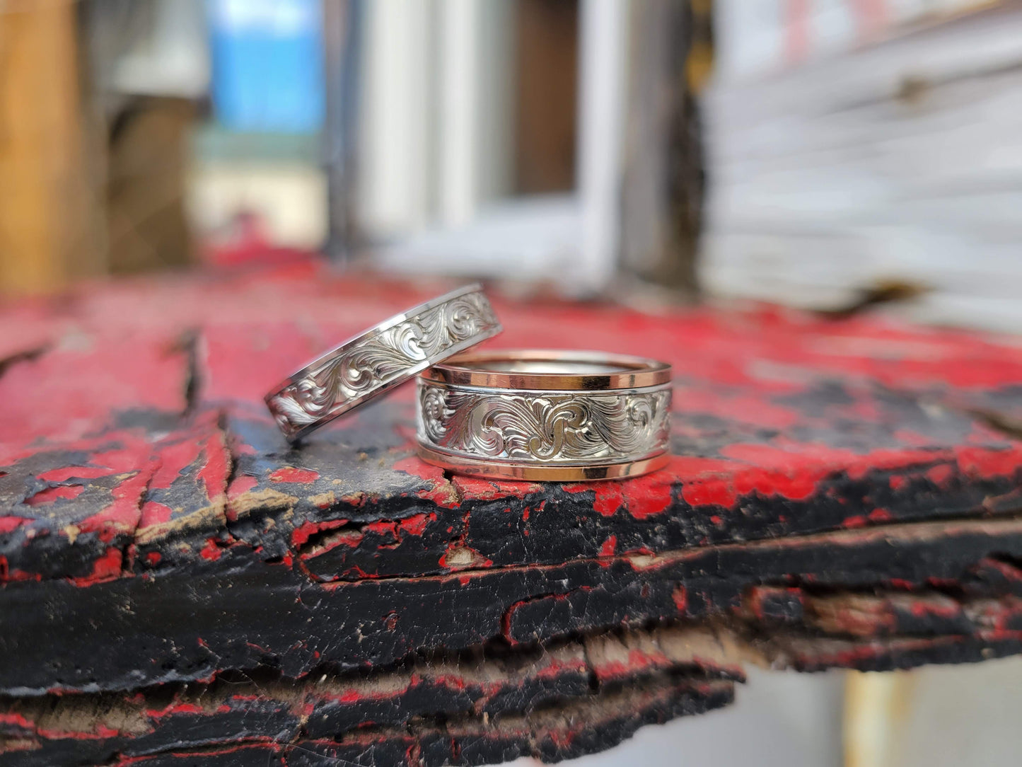 The Joseph: White and Rose Gold Men's Western Wedding Band, Custom Engraved Initial, Hand-Engraved Cowboy Wedding Ring, Men's Engraved Wedding Band, 10mm Wedding Band for Men, Two-tone Men's Ring