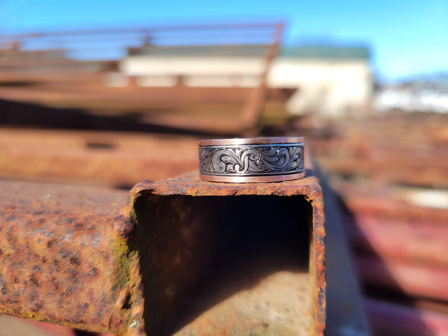 The Joseph: White and Rose Gold Men's Western Wedding Band, Custom Engraved Initial, Hand-Engraved Cowboy Wedding Ring, Men's Engraved Wedding Band, 10mm Wedding Band for Men, Two-tone Men's Ring