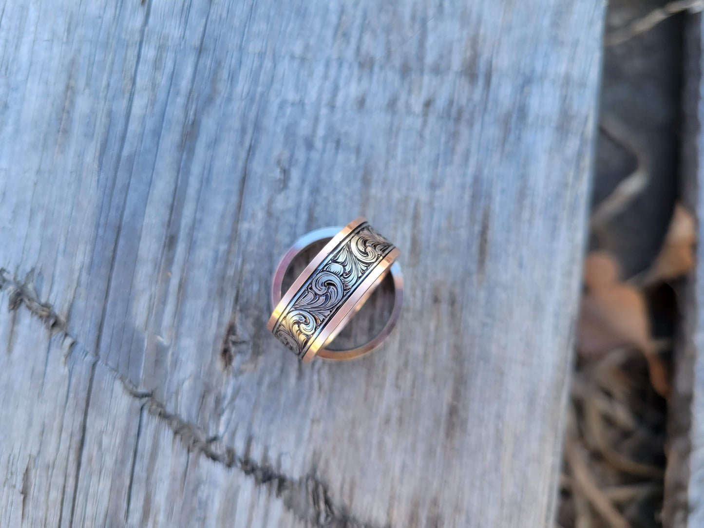 The Joseph: White and Rose Gold Men's Western Wedding Band, Custom Engraved Initial, Hand-Engraved Cowboy Wedding Ring, Men's Engraved Wedding Band, 10mm Wedding Band for Men, Two-tone Men's Ring