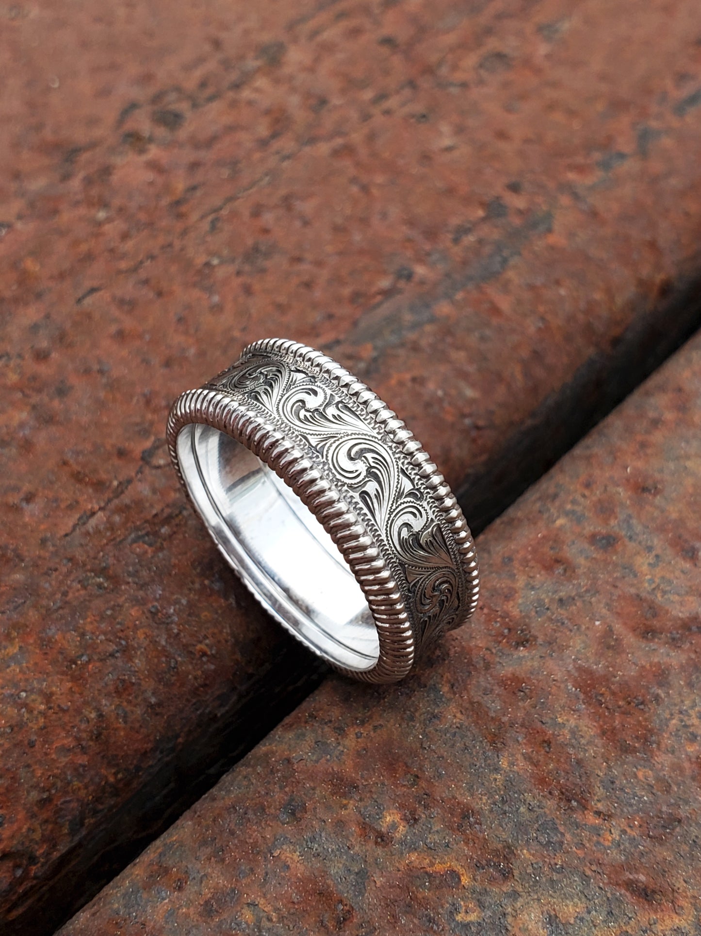 The Luke: 10K or 14K White Gold band With Rope Edge, Cowboy Wedding Ring, Western Wedding Band, Hand-Engraved White Gold Ring, Men's Western Ring