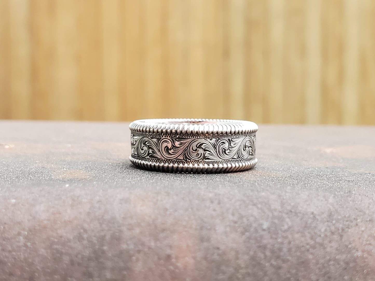 The Luke: 10K or 14K White Gold band With Rope Edge, Cowboy Wedding Ring, Western Wedding Band, Hand-Engraved White Gold Ring, Men's Western Ring