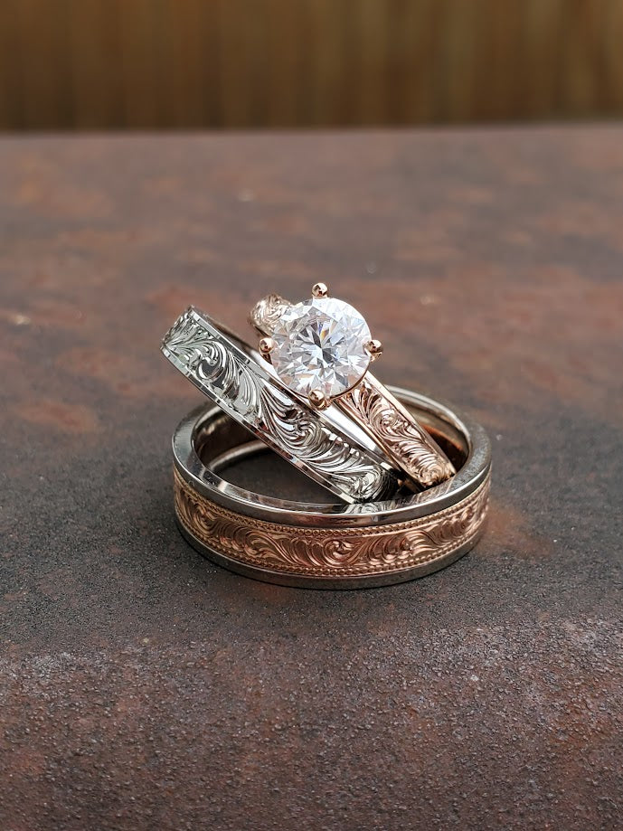 The Cora Set, Wedding Ring Trio: 10K Rose Gold & White gold ring set, Western Wedding Ring Set, Stackable Engagement Ring Set, Western Engagement Ring, Western Vintage Engagement Ring, Cowgirl Ring Set
