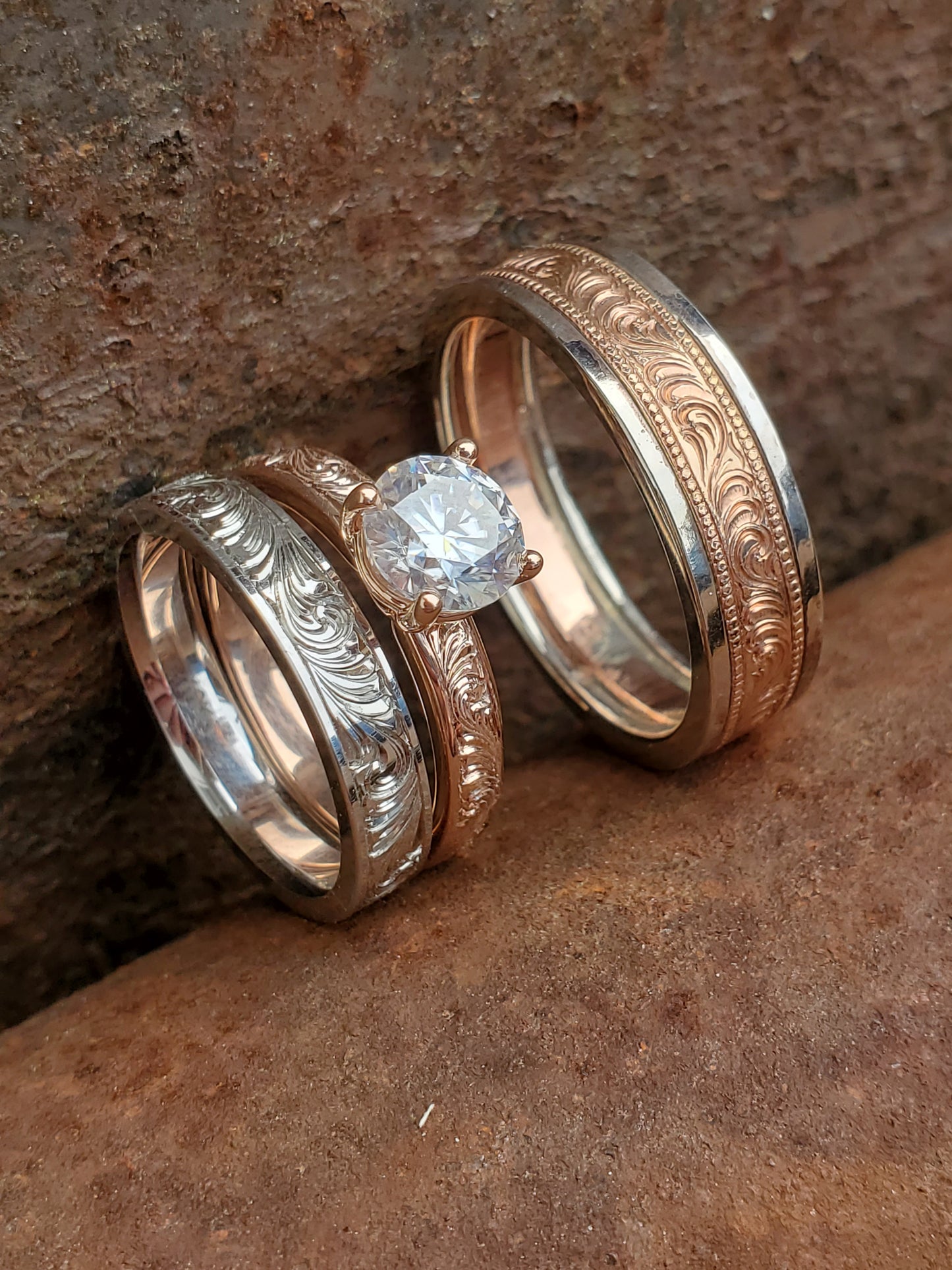 The Cora Set, Wedding Ring Trio: 10K Rose Gold & White gold ring set, Western Wedding Ring Set, Stackable Engagement Ring Set, Western Engagement Ring, Western Vintage Engagement Ring, Cowgirl Ring Set