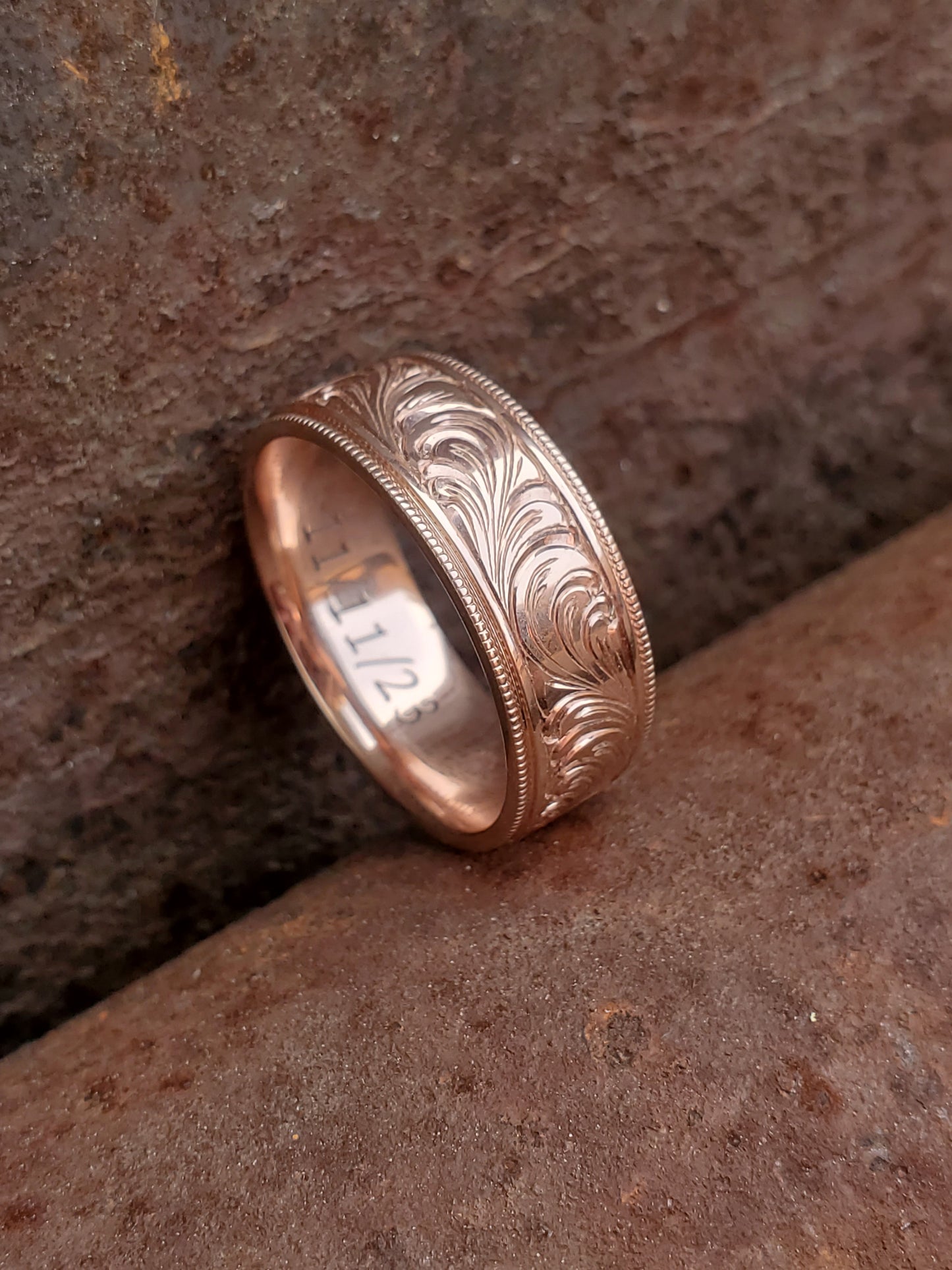 The Samuel: 10K, 14K, or 18K Rose Gold Western Wedding Band, Hand-Engraved Cowboy Wedding Ring, Cowboy Ring, Rose Gold Men's Wedding Band, Detailed Wedding Ring